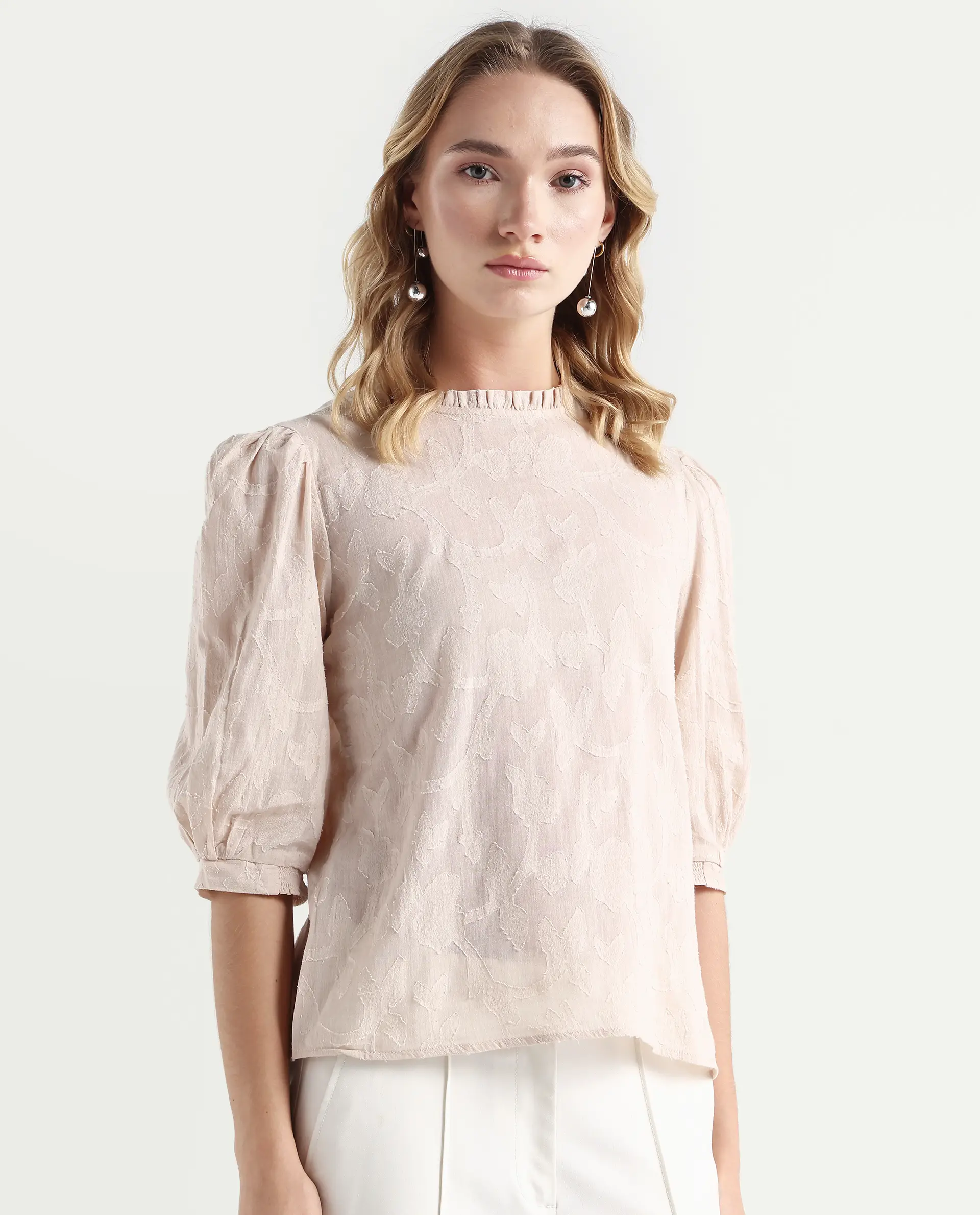 Rareism Women's Reis Beige Cotton Blend Crew Neck Plain Puff Sleeves Regular Fit Top - Image 6