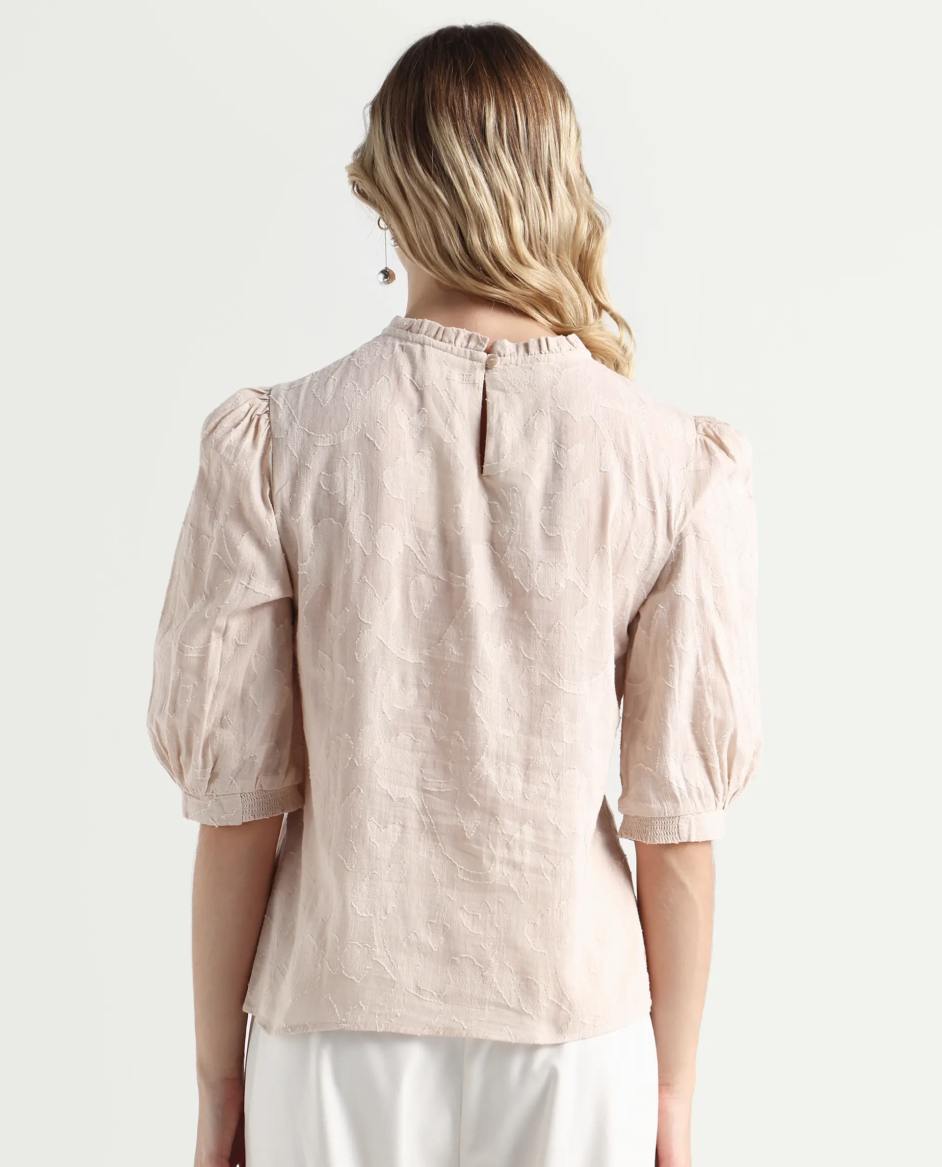 Rareism Women's Reis Beige Cotton Blend Crew Neck Plain Puff Sleeves Regular Fit Top - Image 7