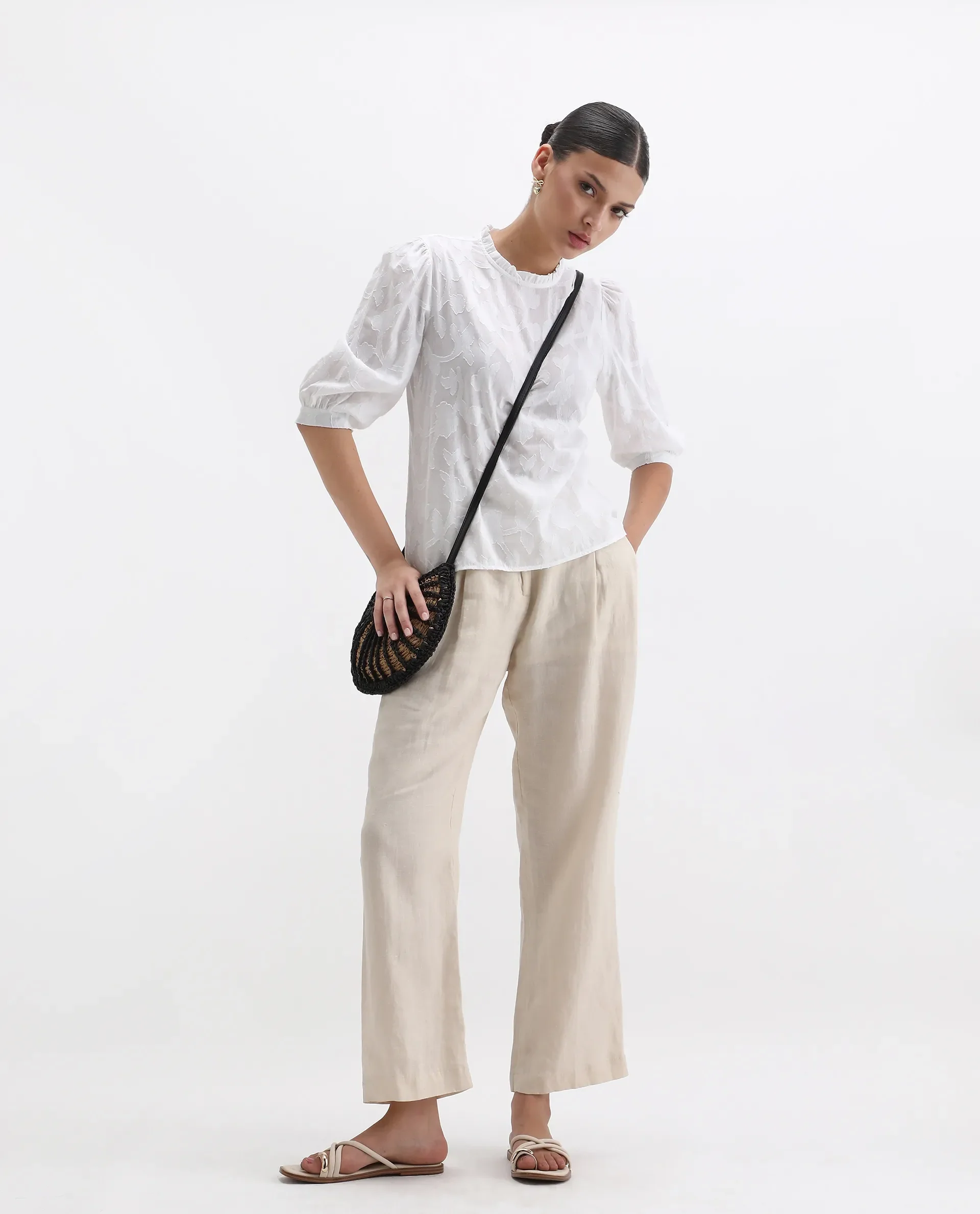Rareism Women's Reis White Cotton Blend Crew Neck Plain Puff Sleeves Regular Fit Top - Image 2