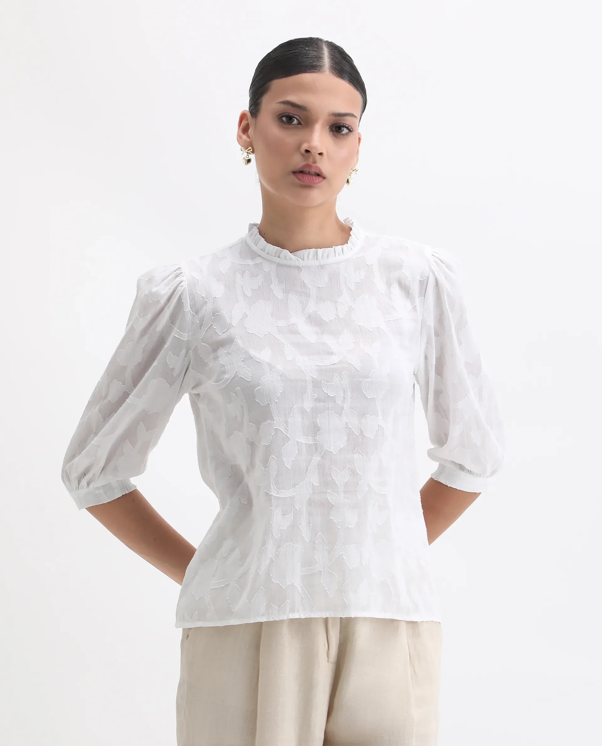 Rareism Women's Reis White Cotton Blend Crew Neck Plain Puff Sleeves Regular Fit Top - Image 3