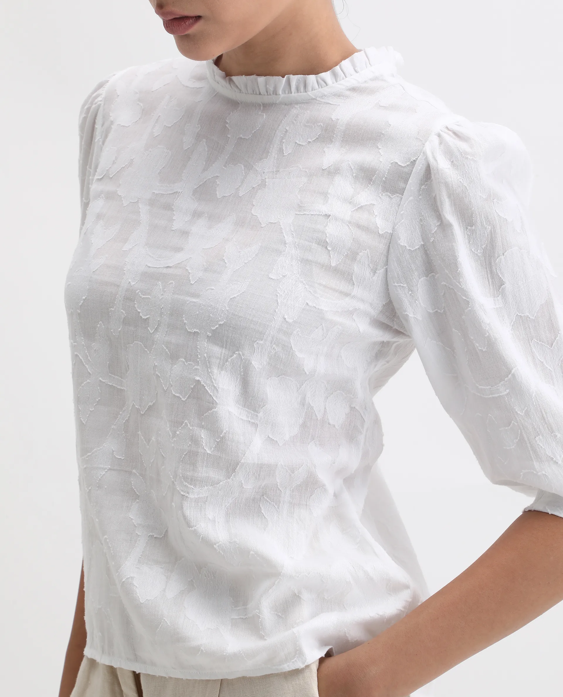 Rareism Women's Reis White Cotton Blend Crew Neck Plain Puff Sleeves Regular Fit Top - Image 4