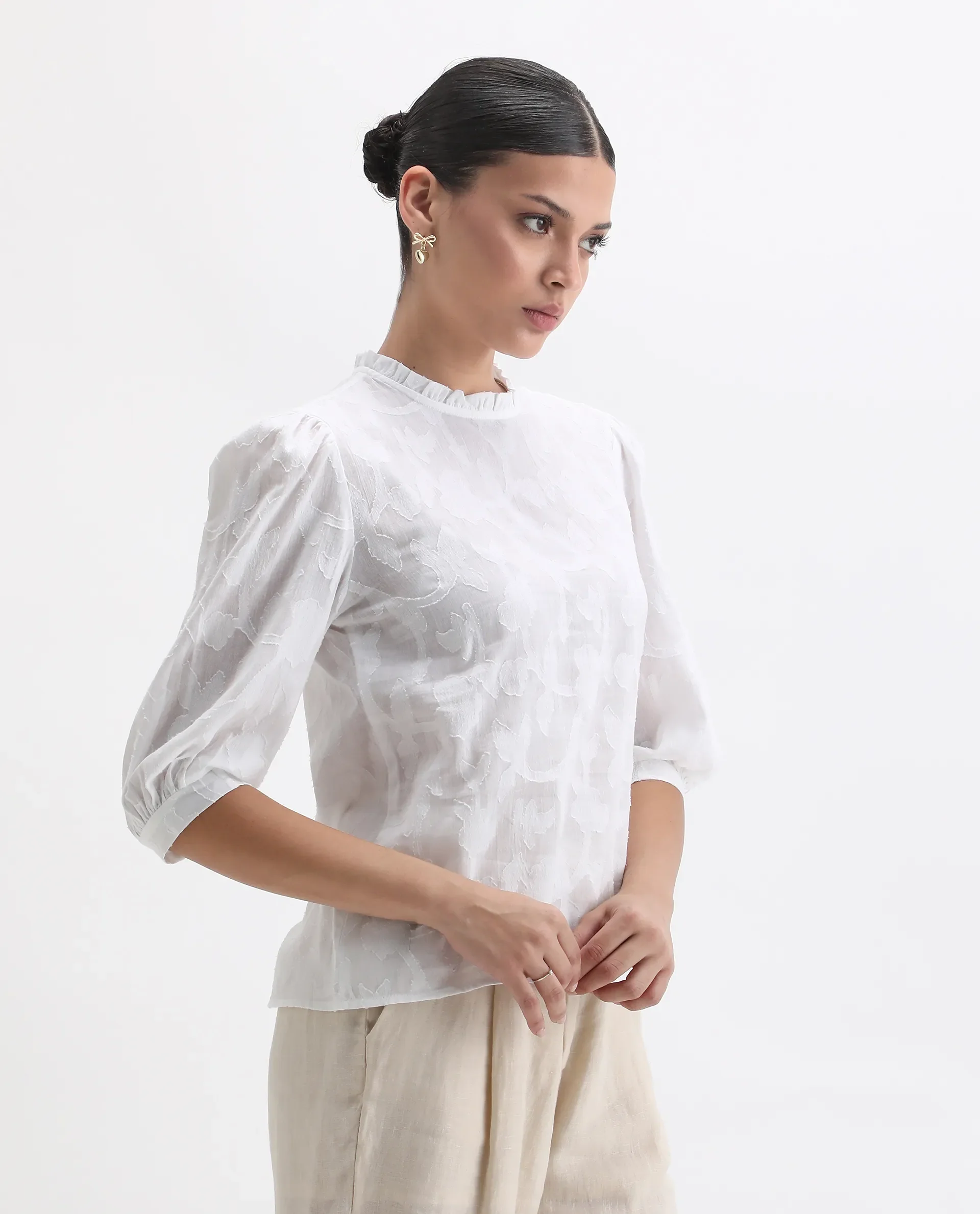 Rareism Women's Reis White Cotton Blend Crew Neck Plain Puff Sleeves Regular Fit Top - Image 5