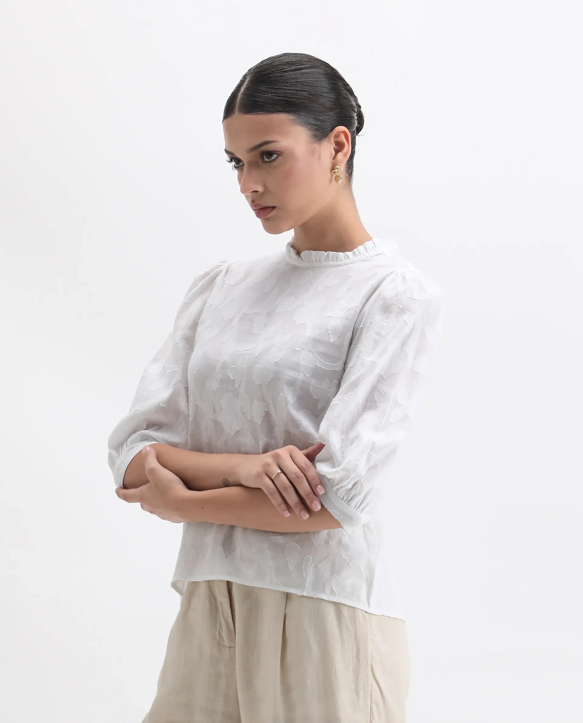 Rareism Women's Reis White Cotton Blend Crew Neck Plain Puff Sleeves Regular Fit Top - Image 6