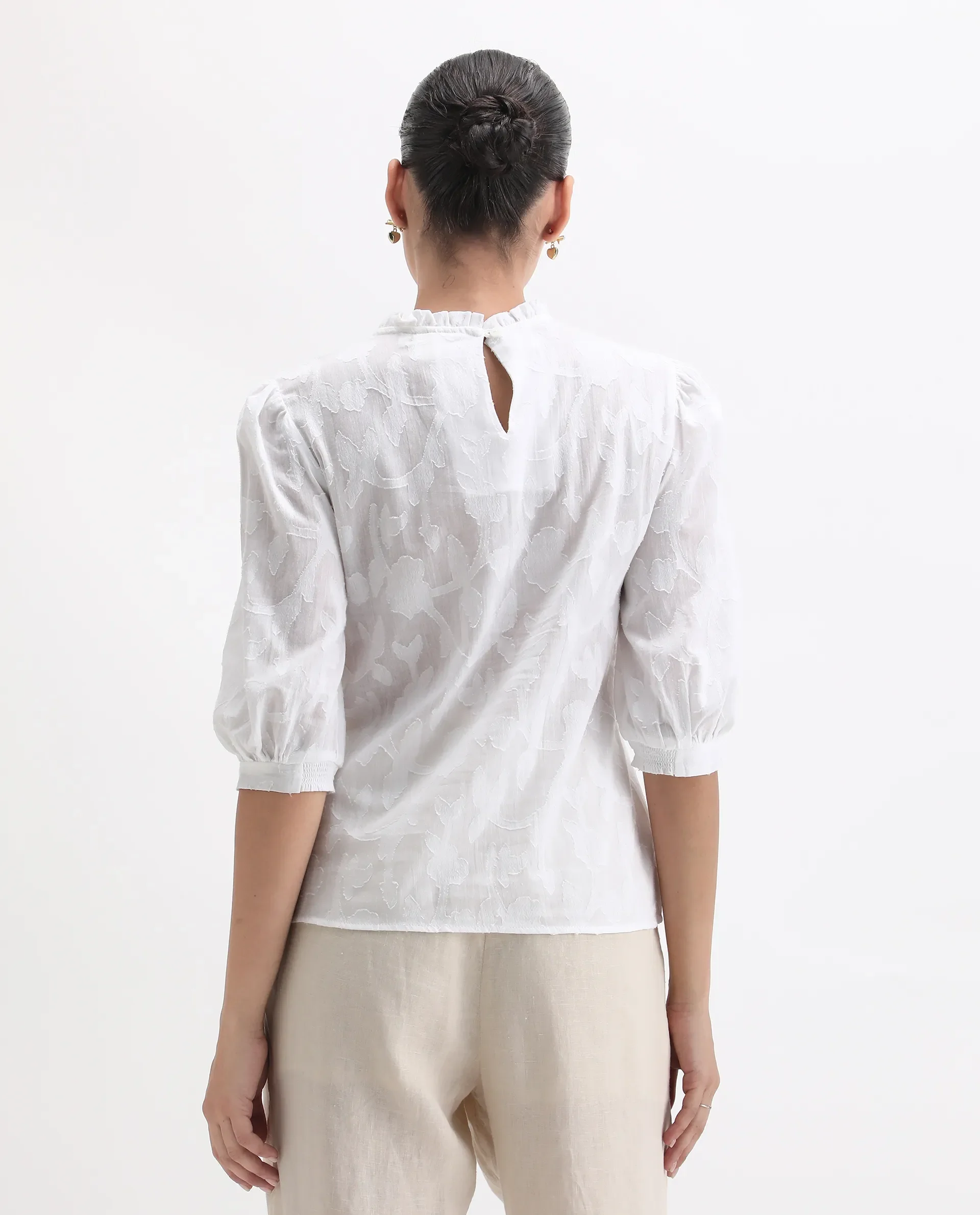 Rareism Women's Reis White Cotton Blend Crew Neck Plain Puff Sleeves Regular Fit Top - Image 7