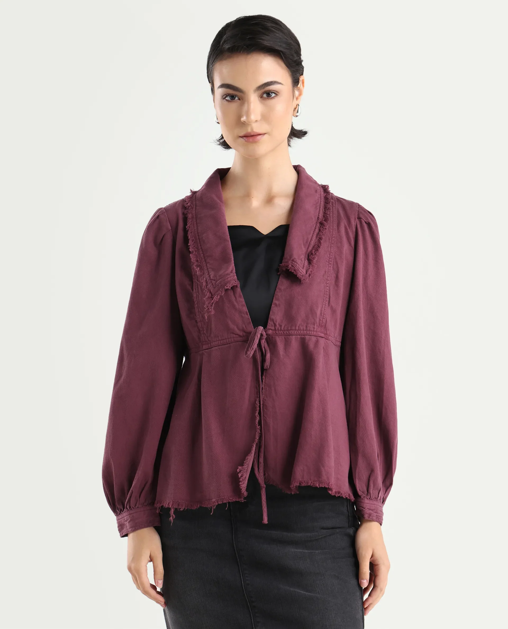 Rareism Women's Reism Dark Maroon Cotton Blend Lapel Neck Plain Boxy Fit Shrug - Image 3
