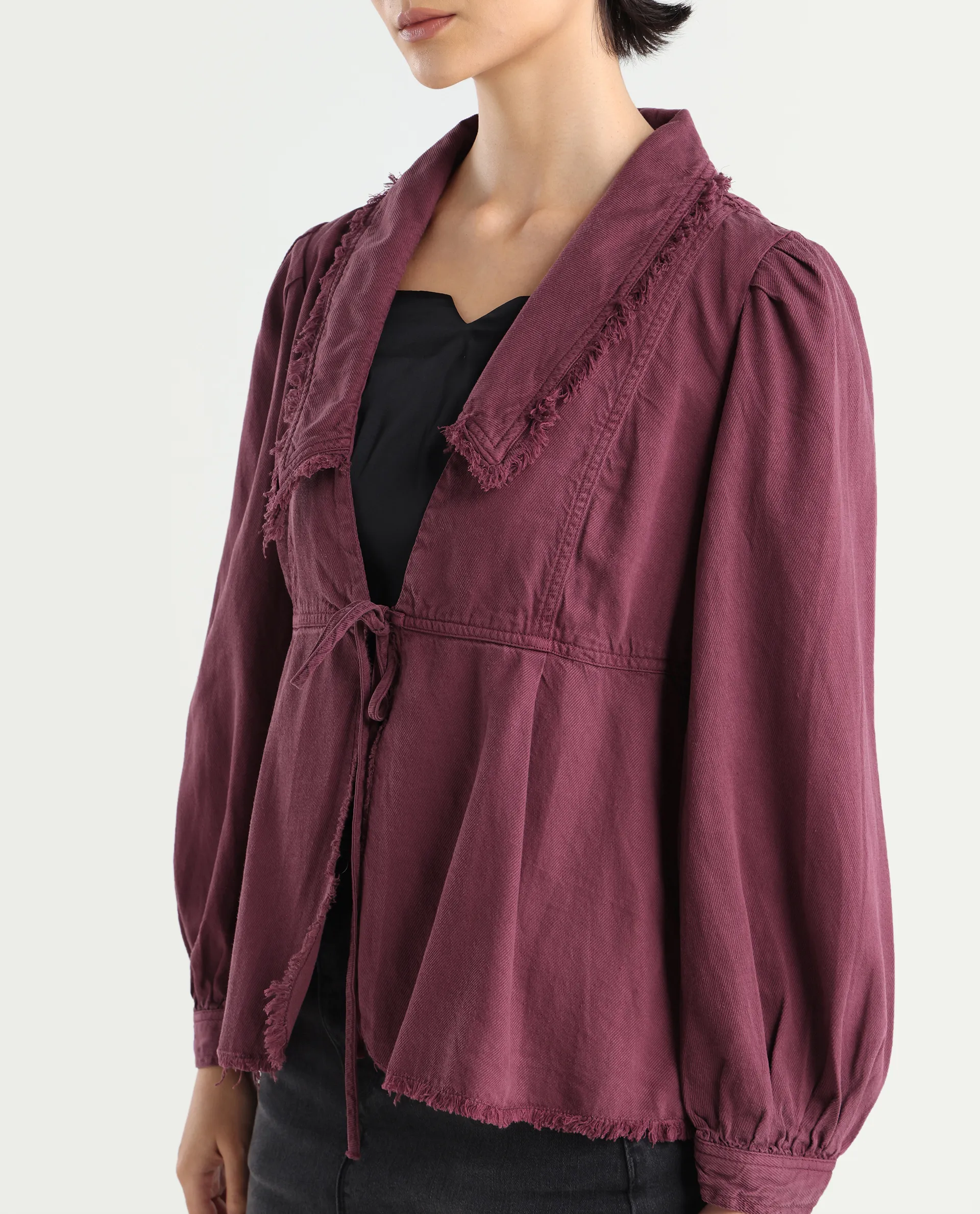 Rareism Women's Reism Dark Maroon Cotton Blend Lapel Neck Plain Boxy Fit Shrug - Image 4