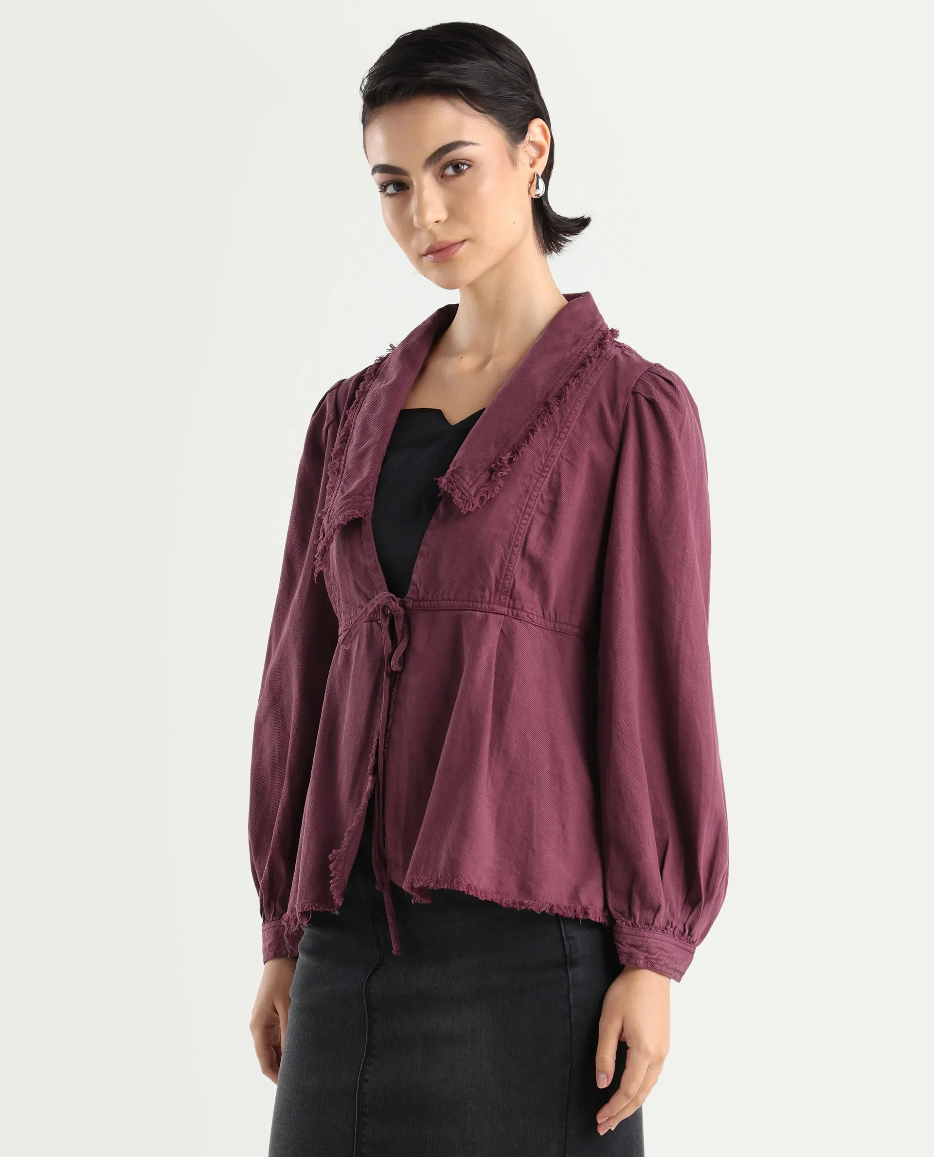 Rareism Women's Reism Dark Maroon Cotton Blend Lapel Neck Plain Boxy Fit Shrug - Image 5