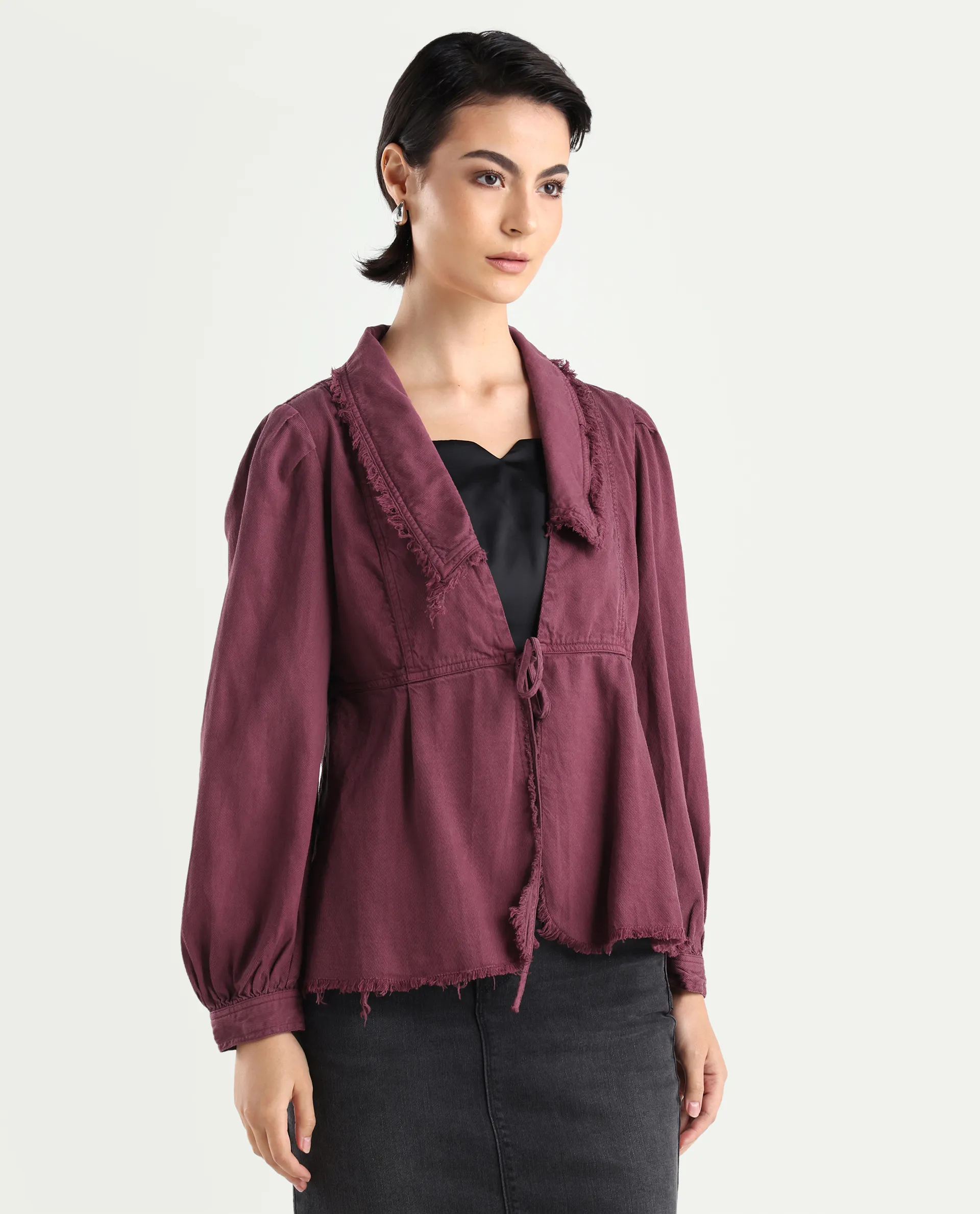 Rareism Women's Reism Dark Maroon Cotton Blend Lapel Neck Plain Boxy Fit Shrug - Image 6