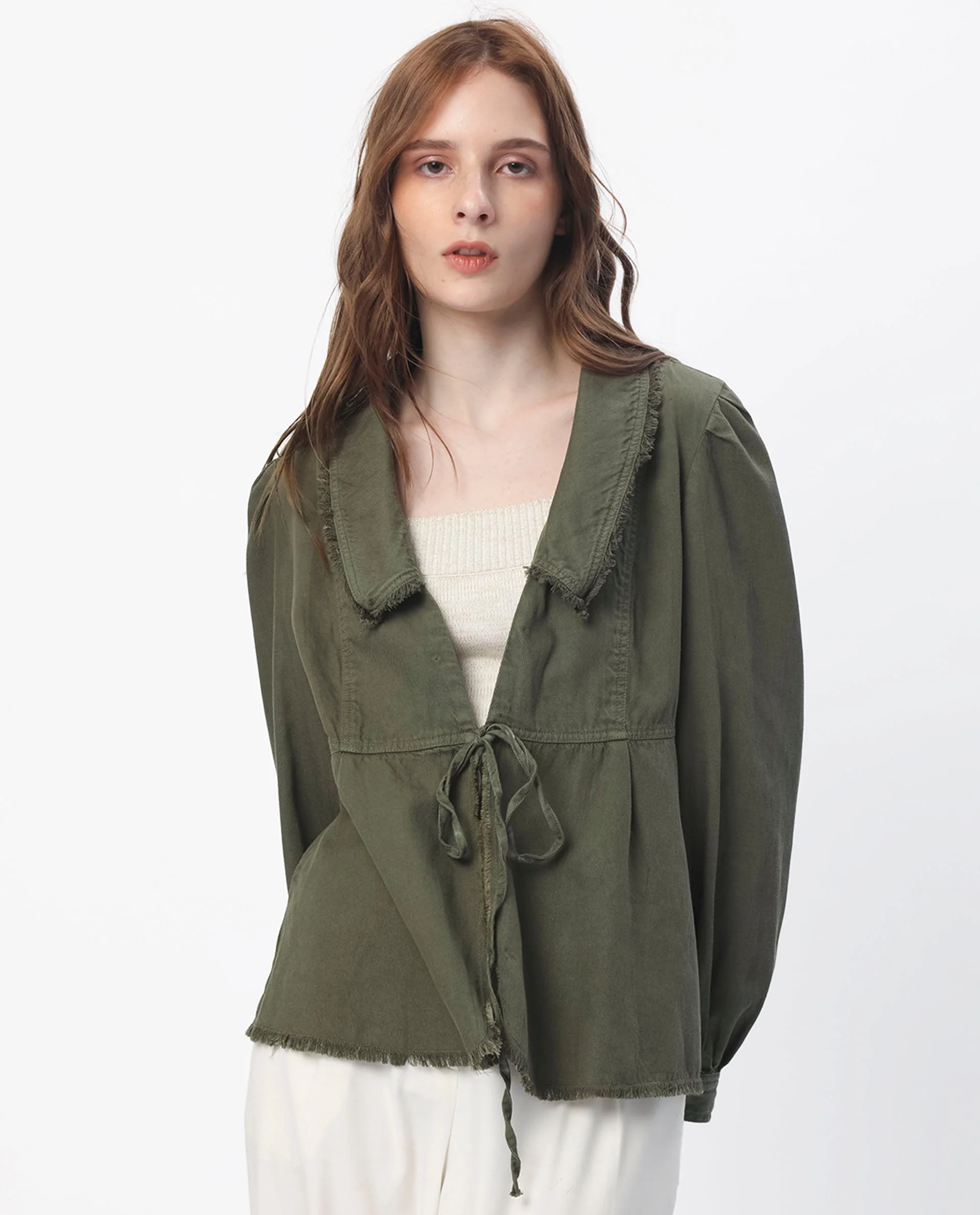 Rareism Women's Reism Dark Olive Cotton Blend Lapel Neck Plain Boxy Fit Shrug