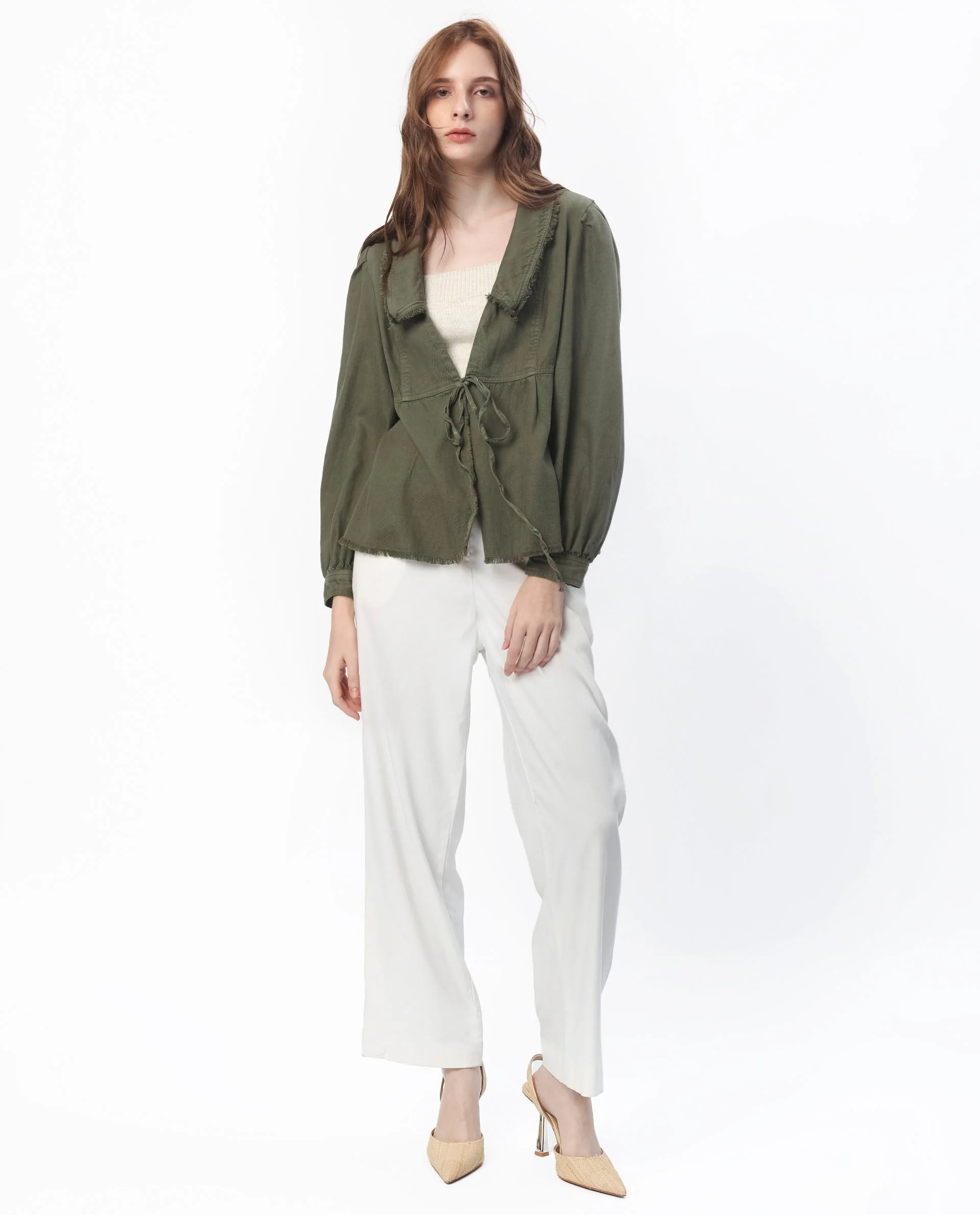 Rareism Women's Reism Dark Olive Cotton Blend Lapel Neck Plain Boxy Fit Shrug - Image 10