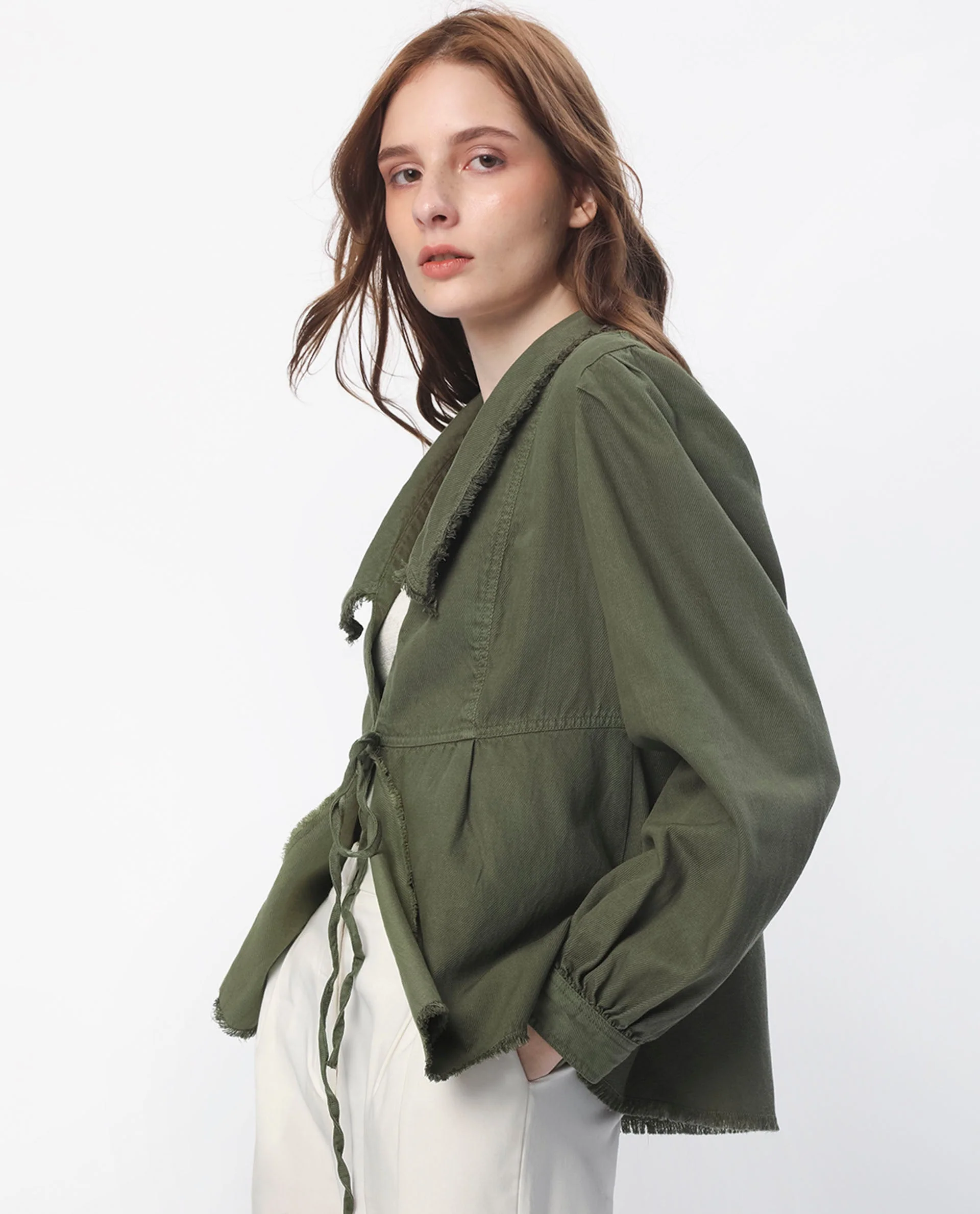 Rareism Women's Reism Dark Olive Cotton Blend Lapel Neck Plain Boxy Fit Shrug - Image 12