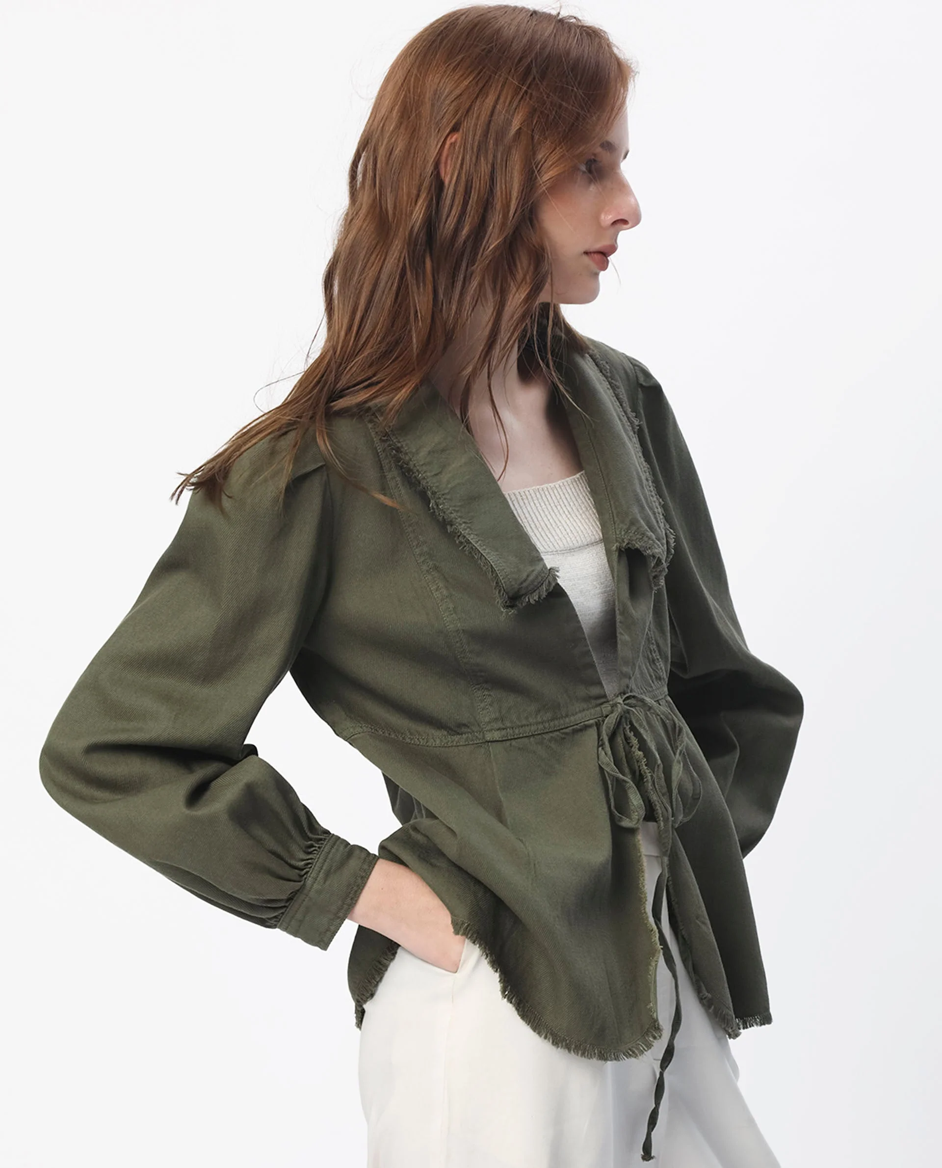 Rareism Women's Reism Dark Olive Cotton Blend Lapel Neck Plain Boxy Fit Shrug - Image 13