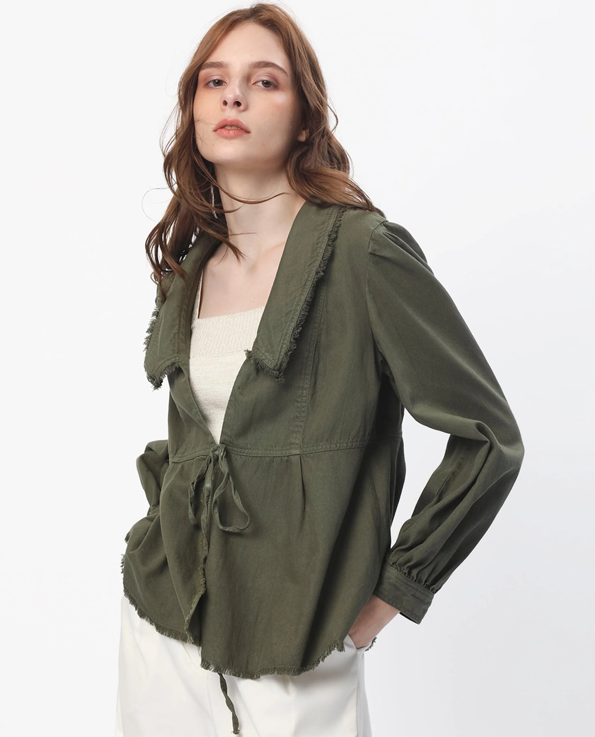 Rareism Women's Reism Dark Olive Cotton Blend Lapel Neck Plain Boxy Fit Shrug - Image 2