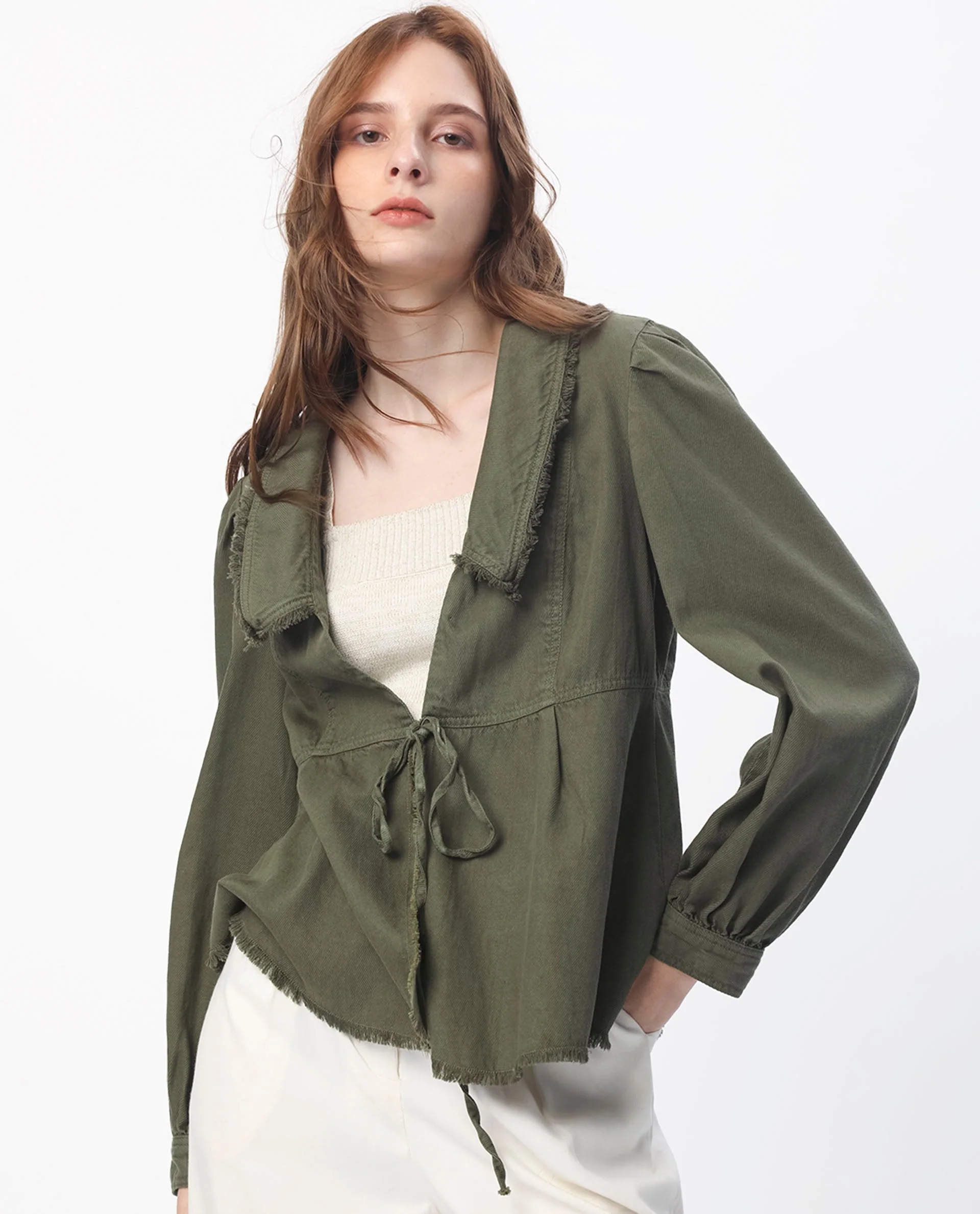 Rareism Women's Reism Dark Olive Cotton Blend Lapel Neck Plain Boxy Fit Shrug - Image 3