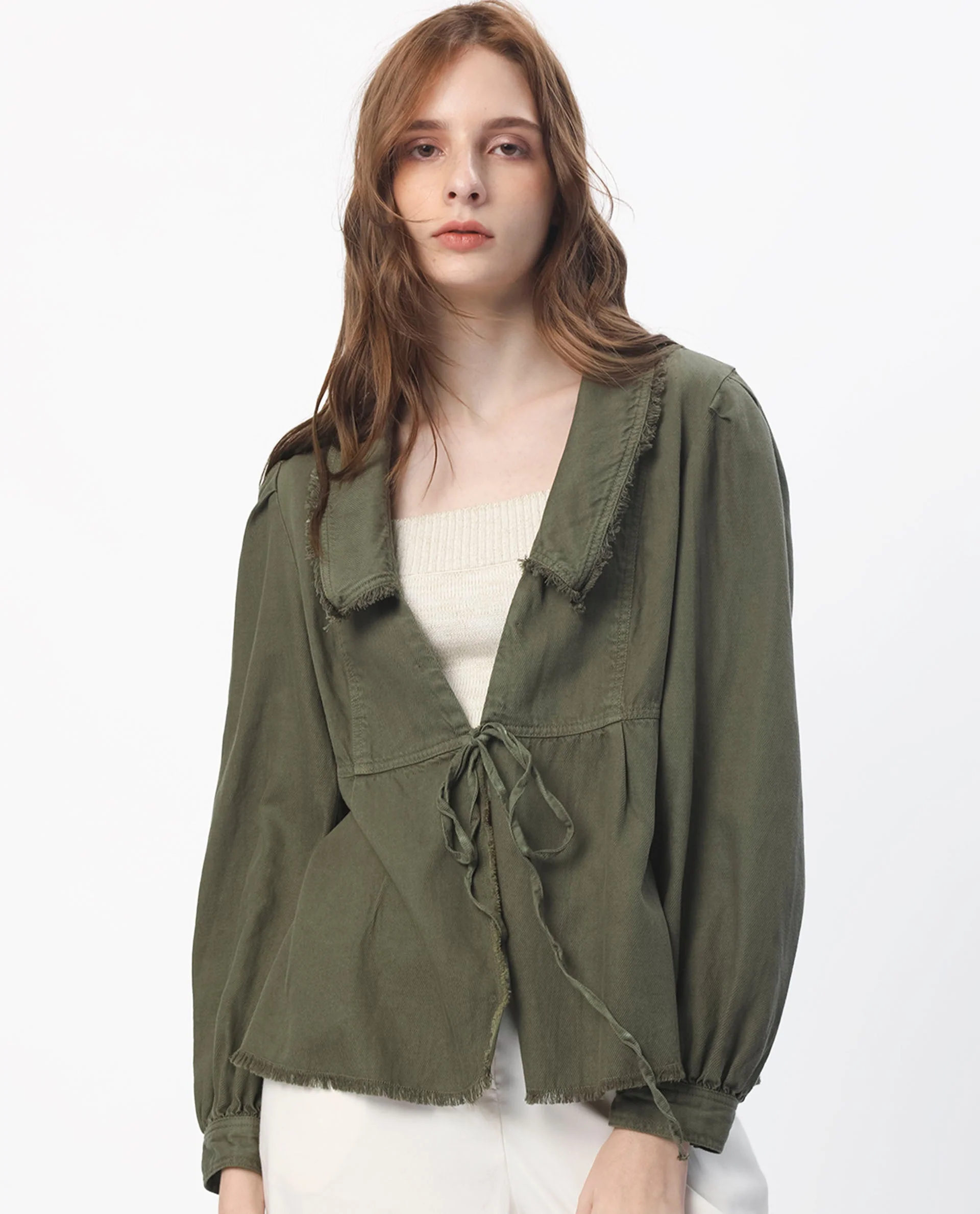 Rareism Women's Reism Dark Olive Cotton Blend Lapel Neck Plain Boxy Fit Shrug - Image 4