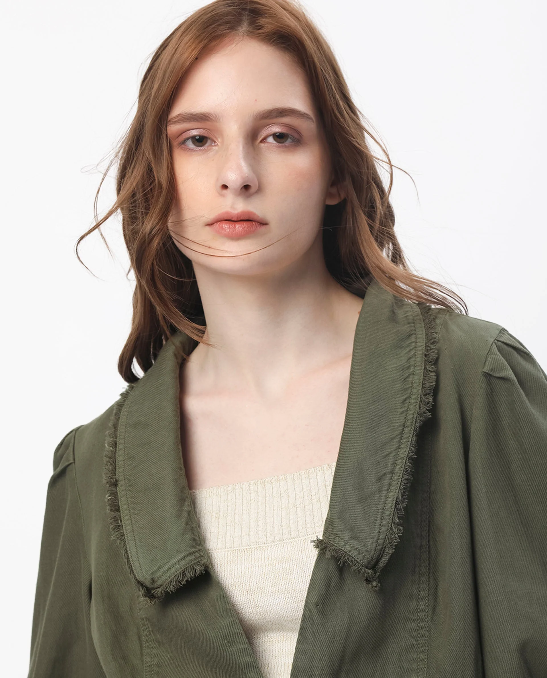 Rareism Women's Reism Dark Olive Cotton Blend Lapel Neck Plain Boxy Fit Shrug - Image 5