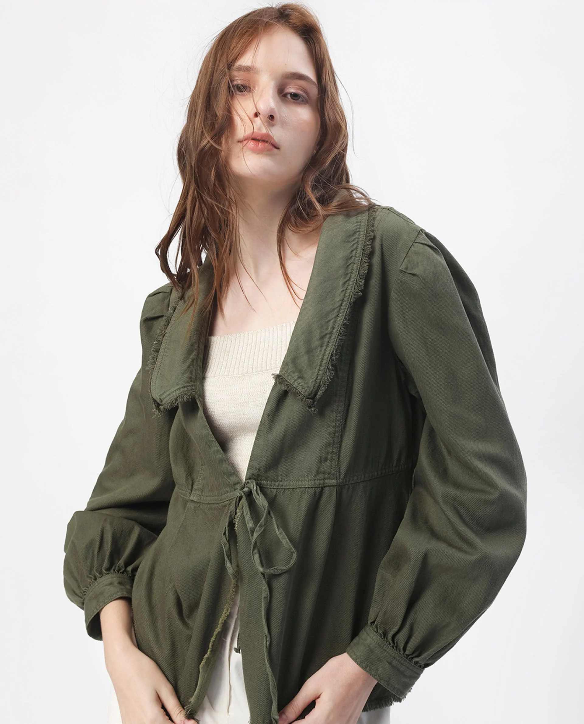 Rareism Women's Reism Dark Olive Cotton Blend Lapel Neck Plain Boxy Fit Shrug - Image 8