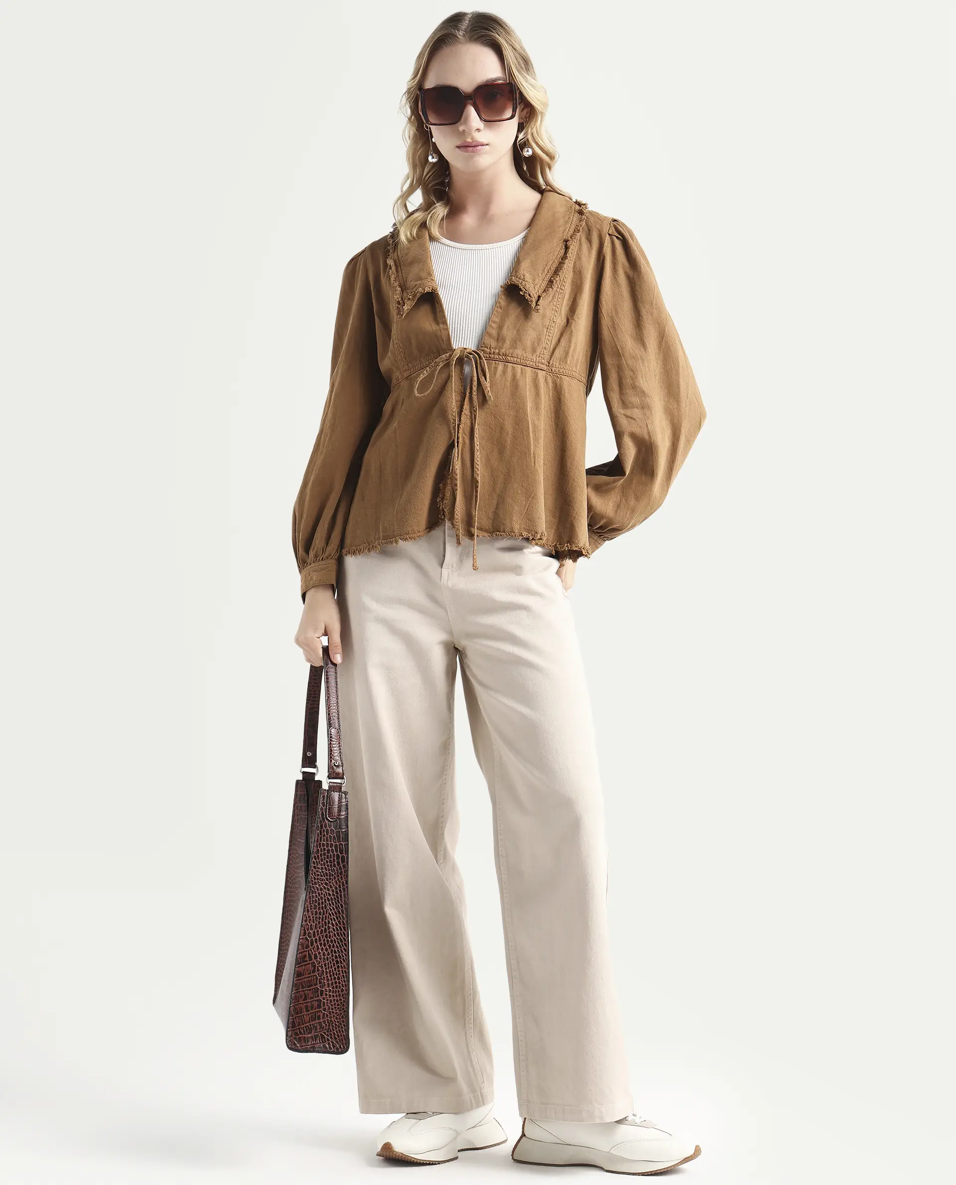 Rareism Women's Reism Light Brown Cotton Blend Lapel Neck Plain Boxy Fit Shrug - Image 2