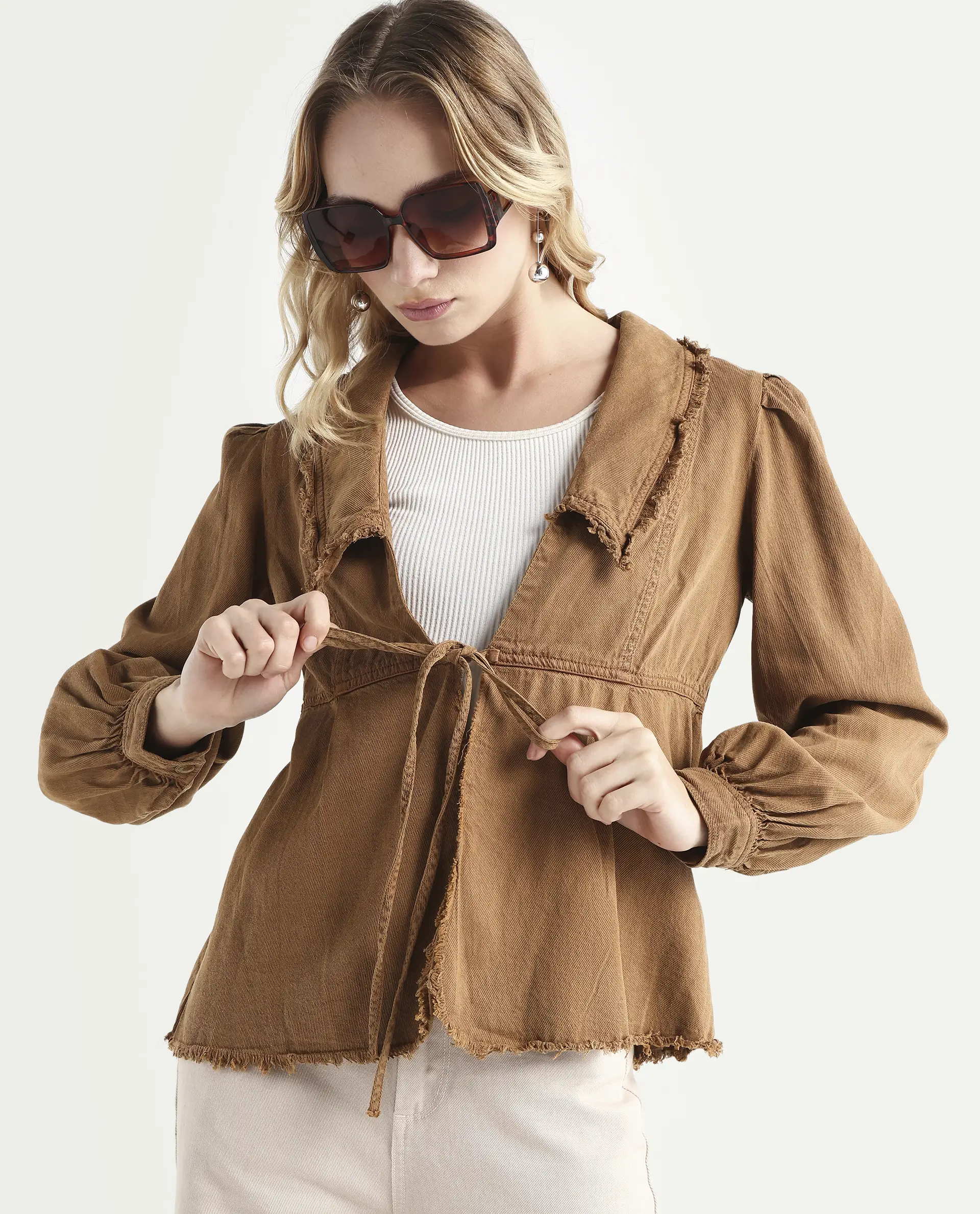 Rareism Women's Reism Light Brown Cotton Blend Lapel Neck Plain Boxy Fit Shrug - Image 3