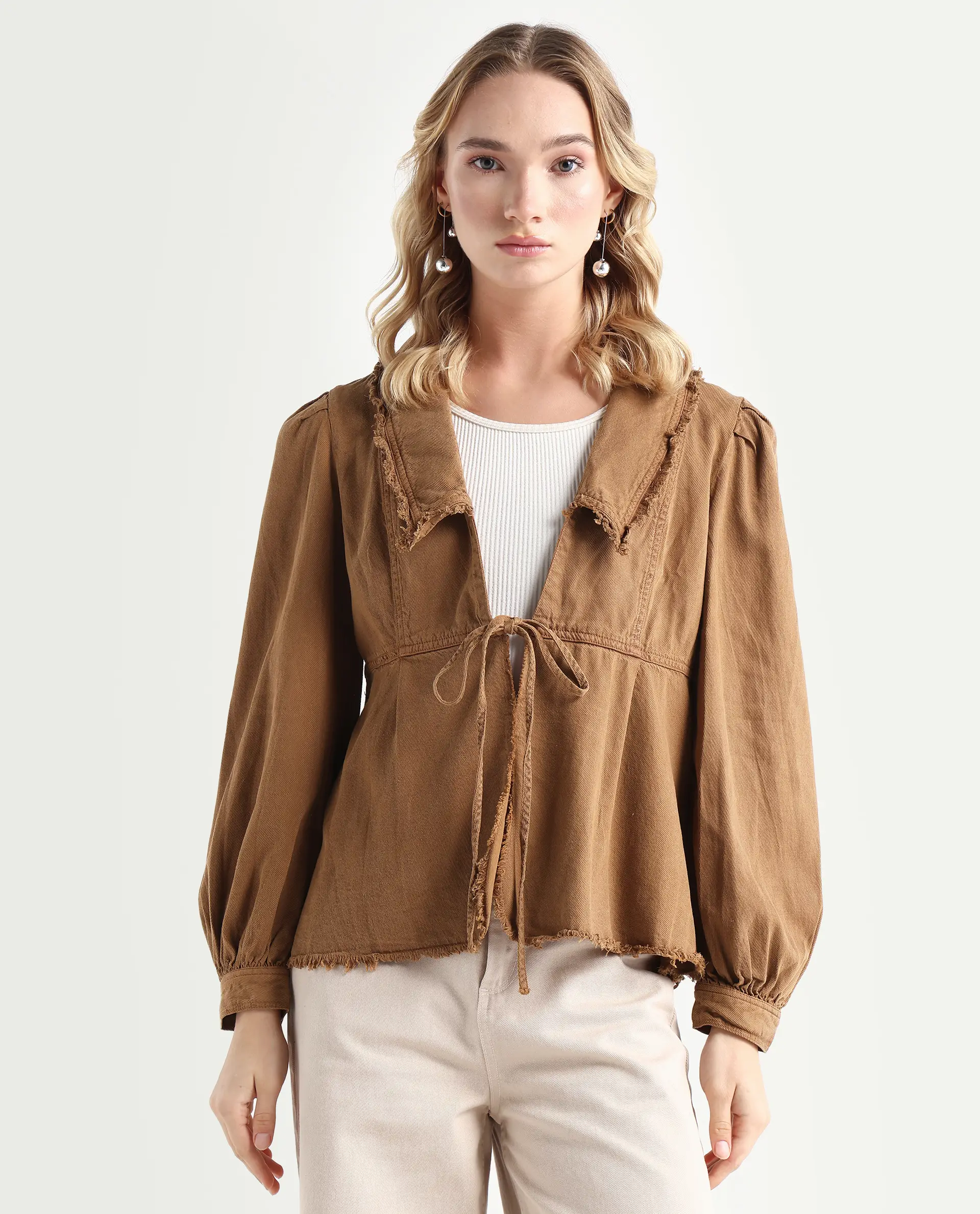 Rareism Women's Reism Light Brown Cotton Blend Lapel Neck Plain Boxy Fit Shrug - Image 4