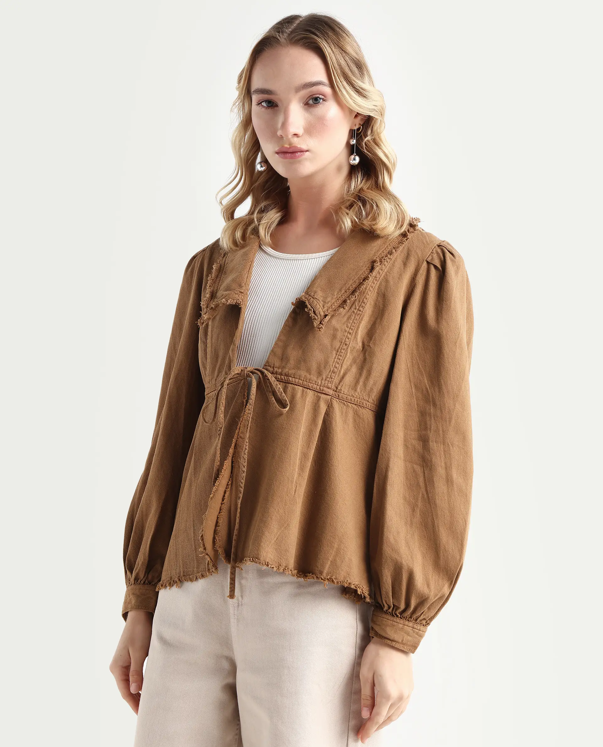 Rareism Women's Reism Light Brown Cotton Blend Lapel Neck Plain Boxy Fit Shrug - Image 5