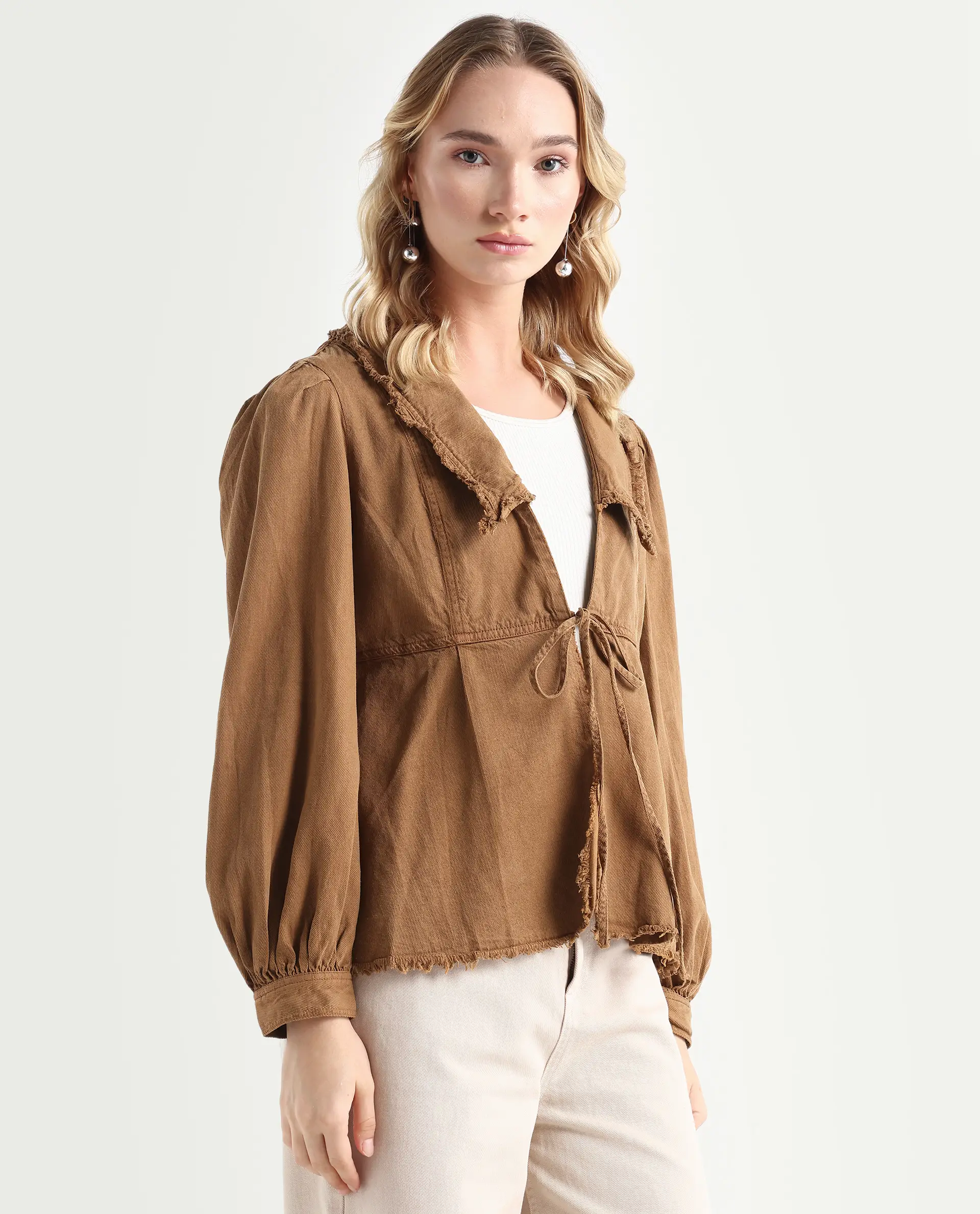 Rareism Women's Reism Light Brown Cotton Blend Lapel Neck Plain Boxy Fit Shrug - Image 6
