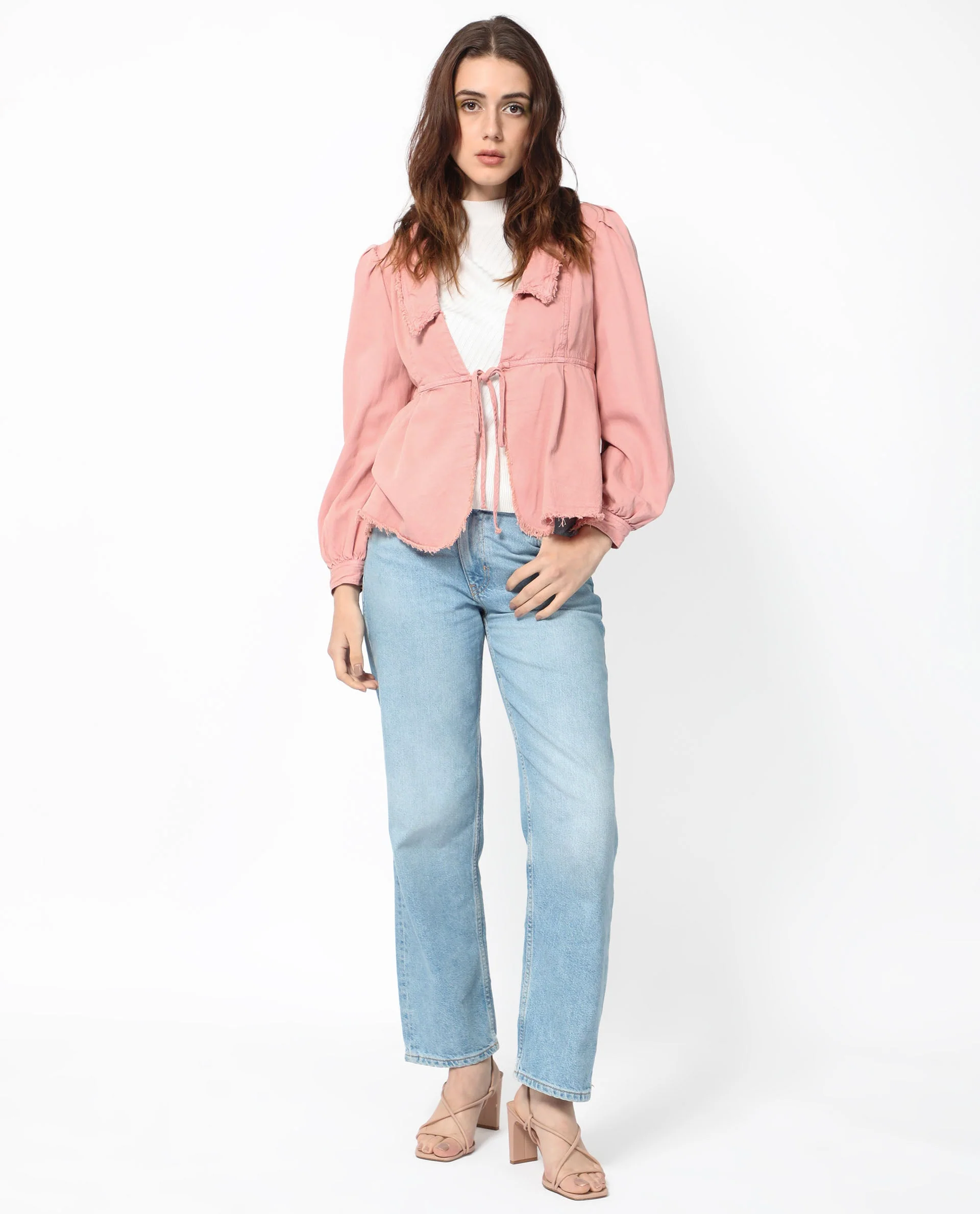 Rareism Women's Reism Light Pink Cotton Blend Lapel Neck Plain Boxy Fit Shrug