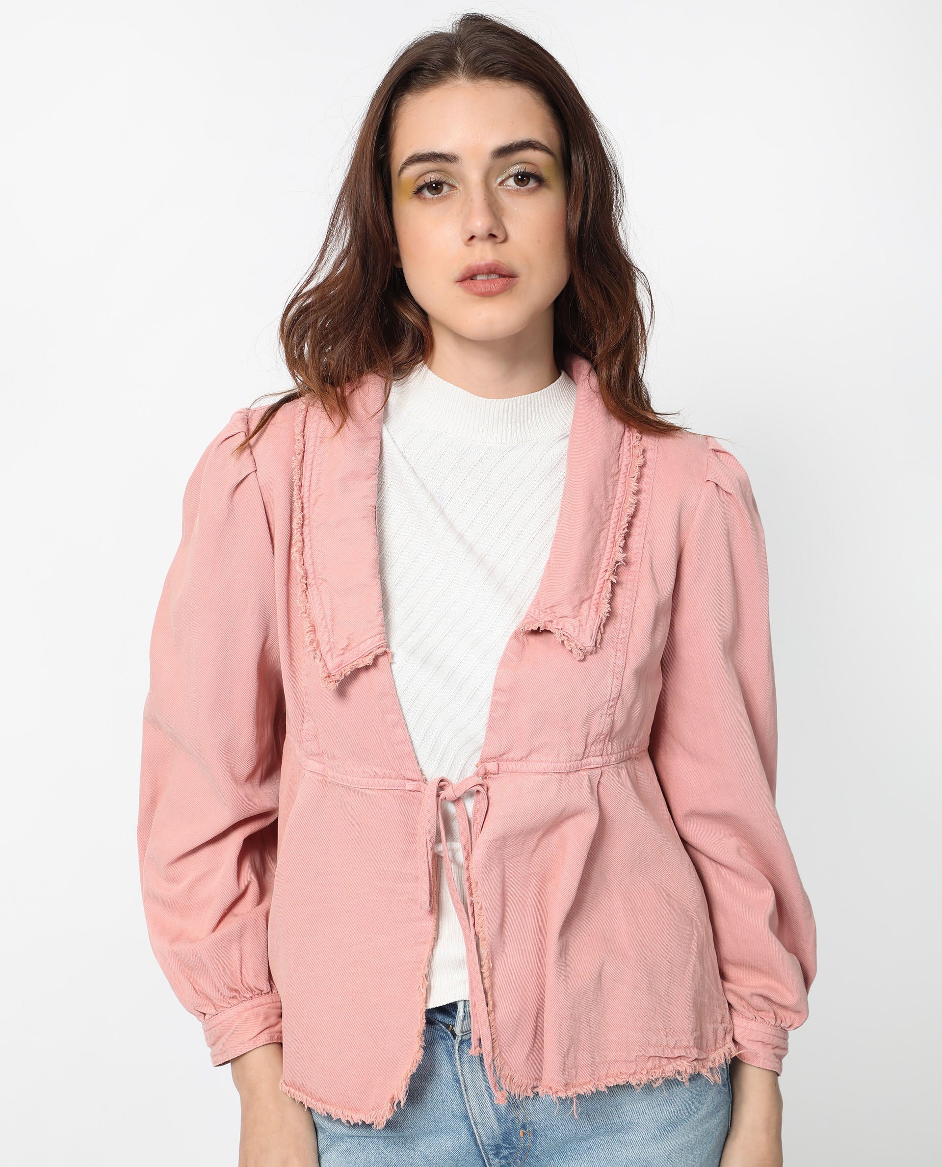 Rareism Women's Reism Light Pink Cotton Blend Lapel Neck Plain Boxy Fit Shrug - Image 2