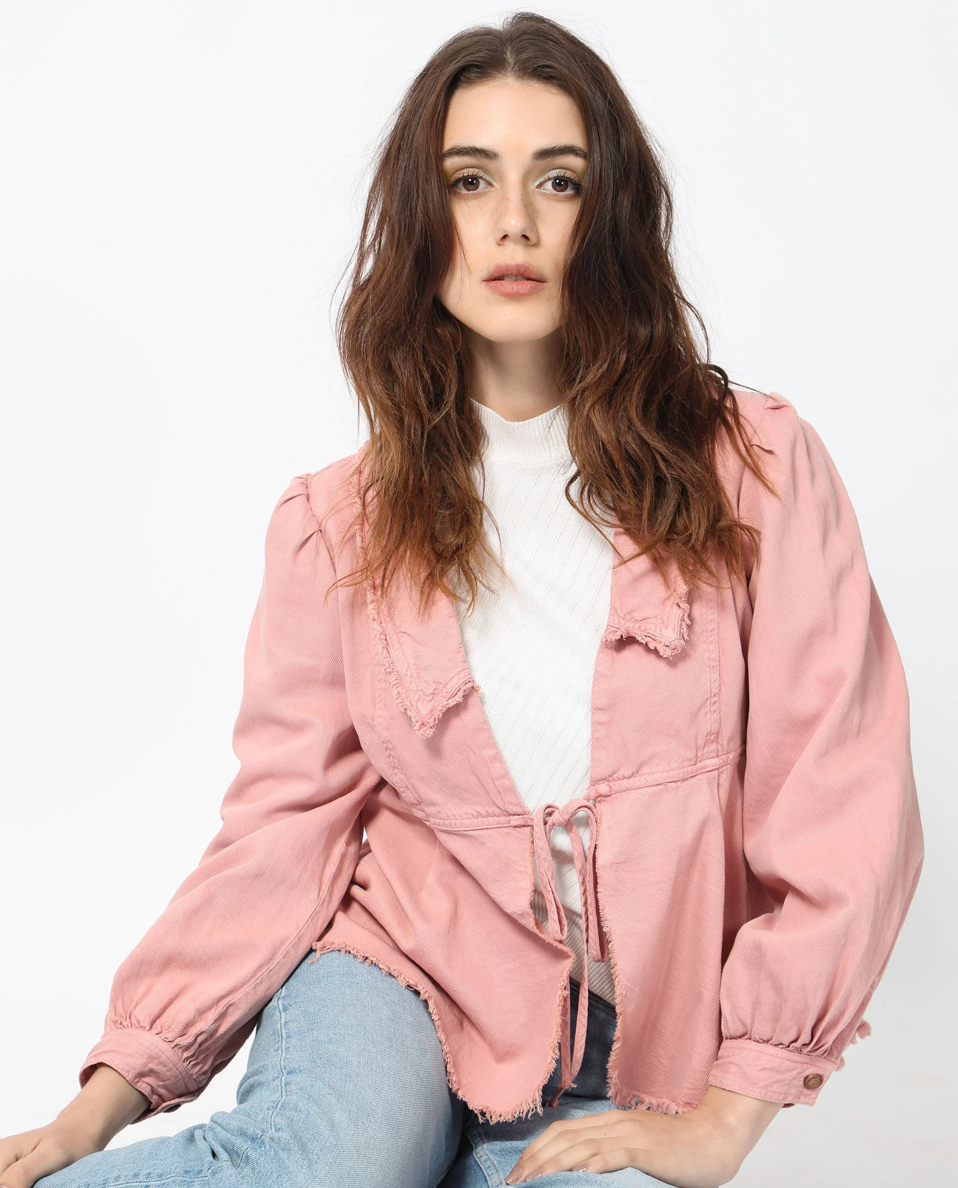 Rareism Women's Reism Light Pink Cotton Blend Lapel Neck Plain Boxy Fit Shrug - Image 3