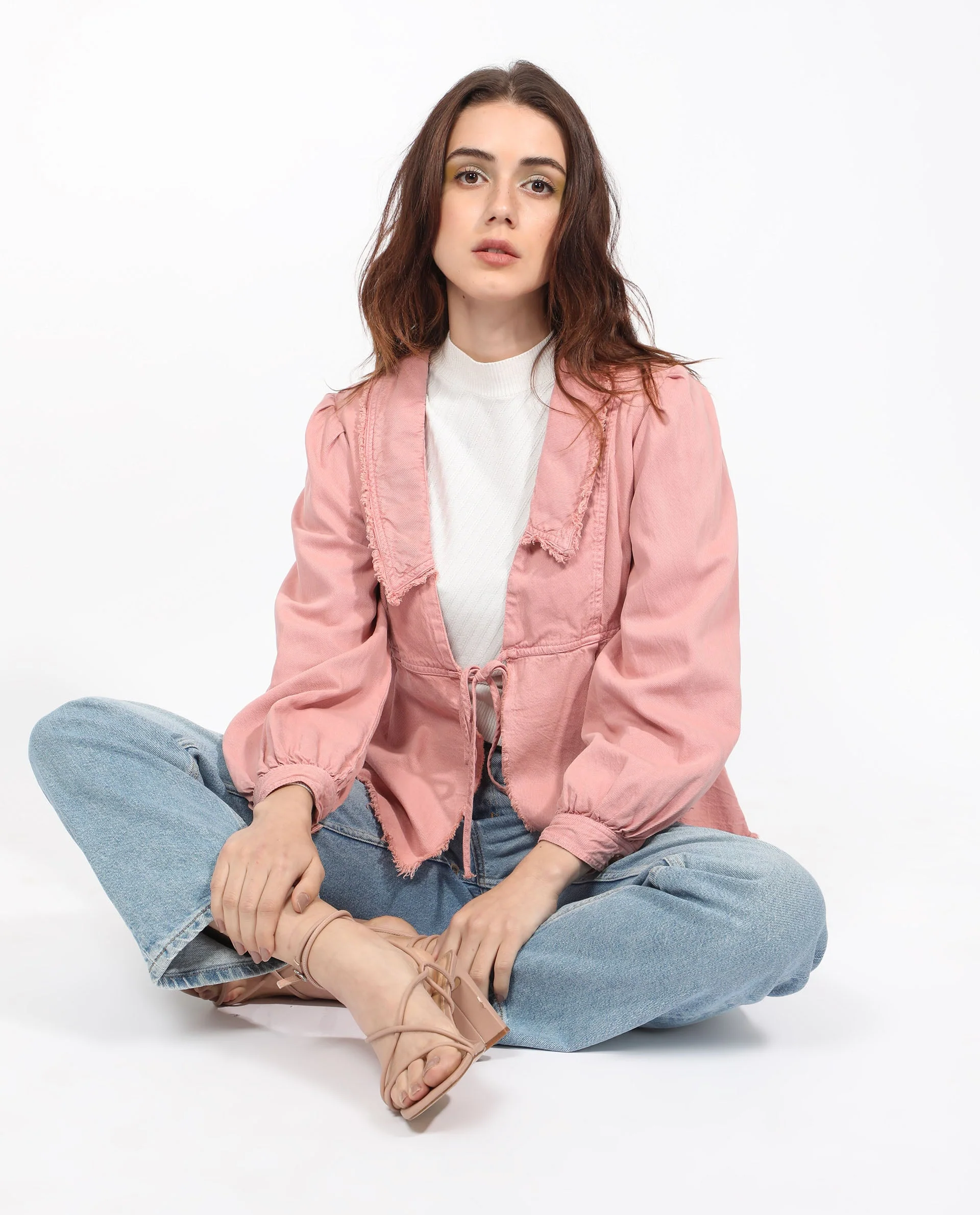 Rareism Women's Reism Light Pink Cotton Blend Lapel Neck Plain Boxy Fit Shrug - Image 4