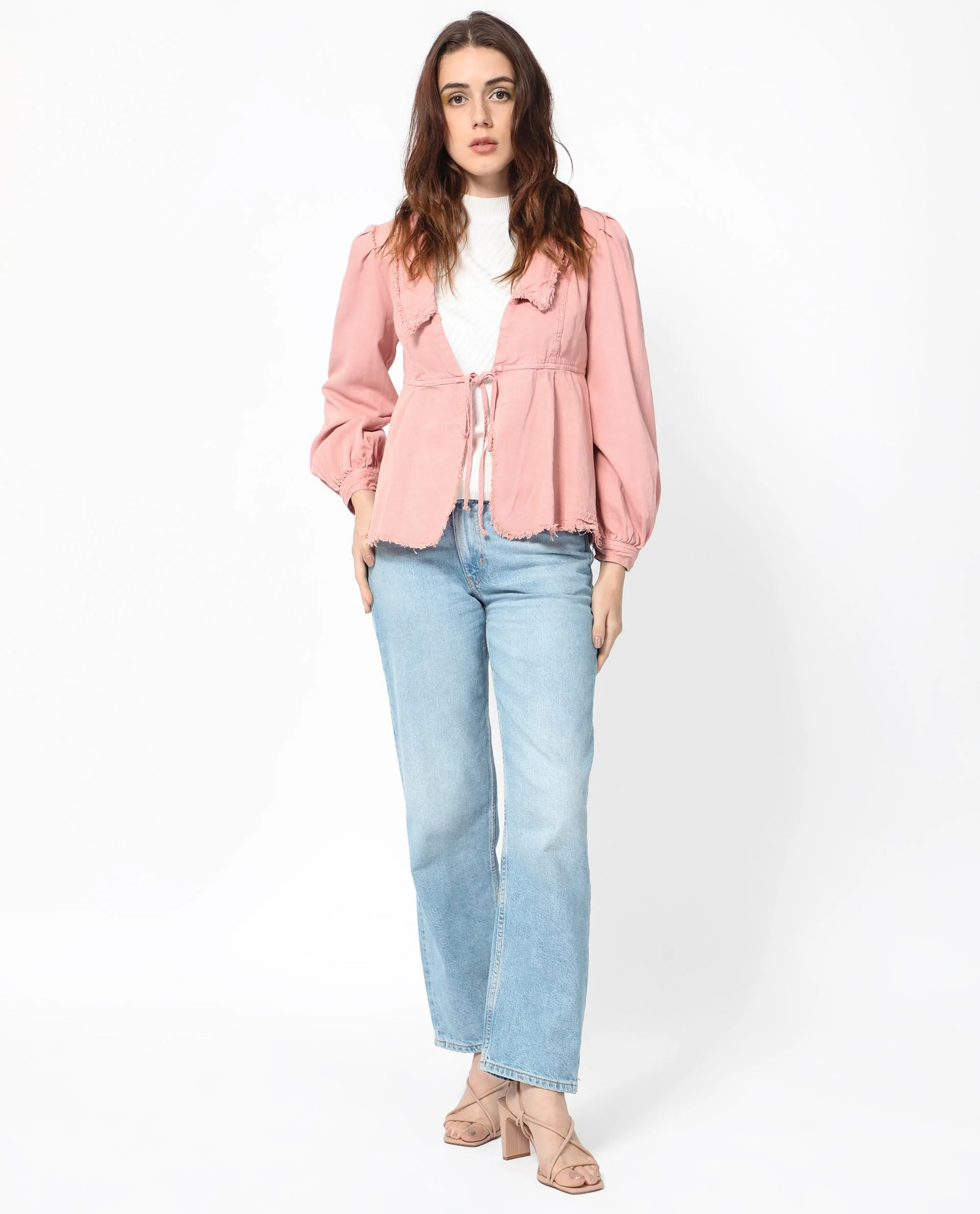 Rareism Women's Reism Light Pink Cotton Blend Lapel Neck Plain Boxy Fit Shrug - Image 7