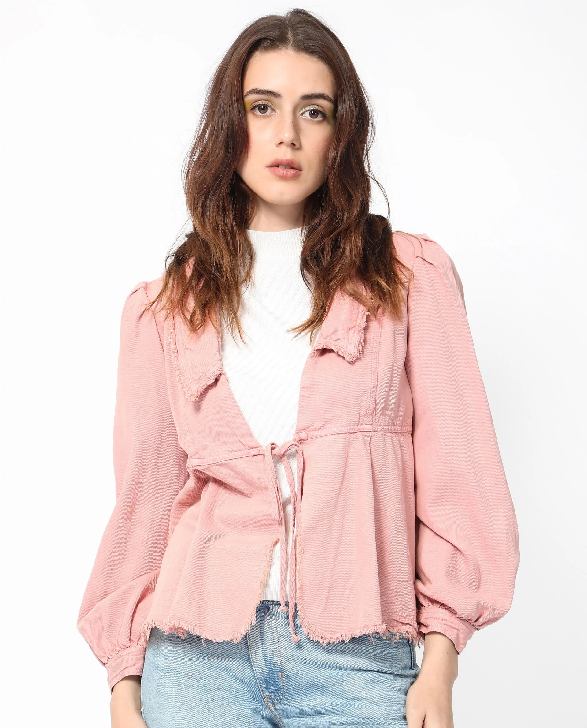 Rareism Women's Reism Light Pink Cotton Blend Lapel Neck Plain Boxy Fit Shrug - Image 8