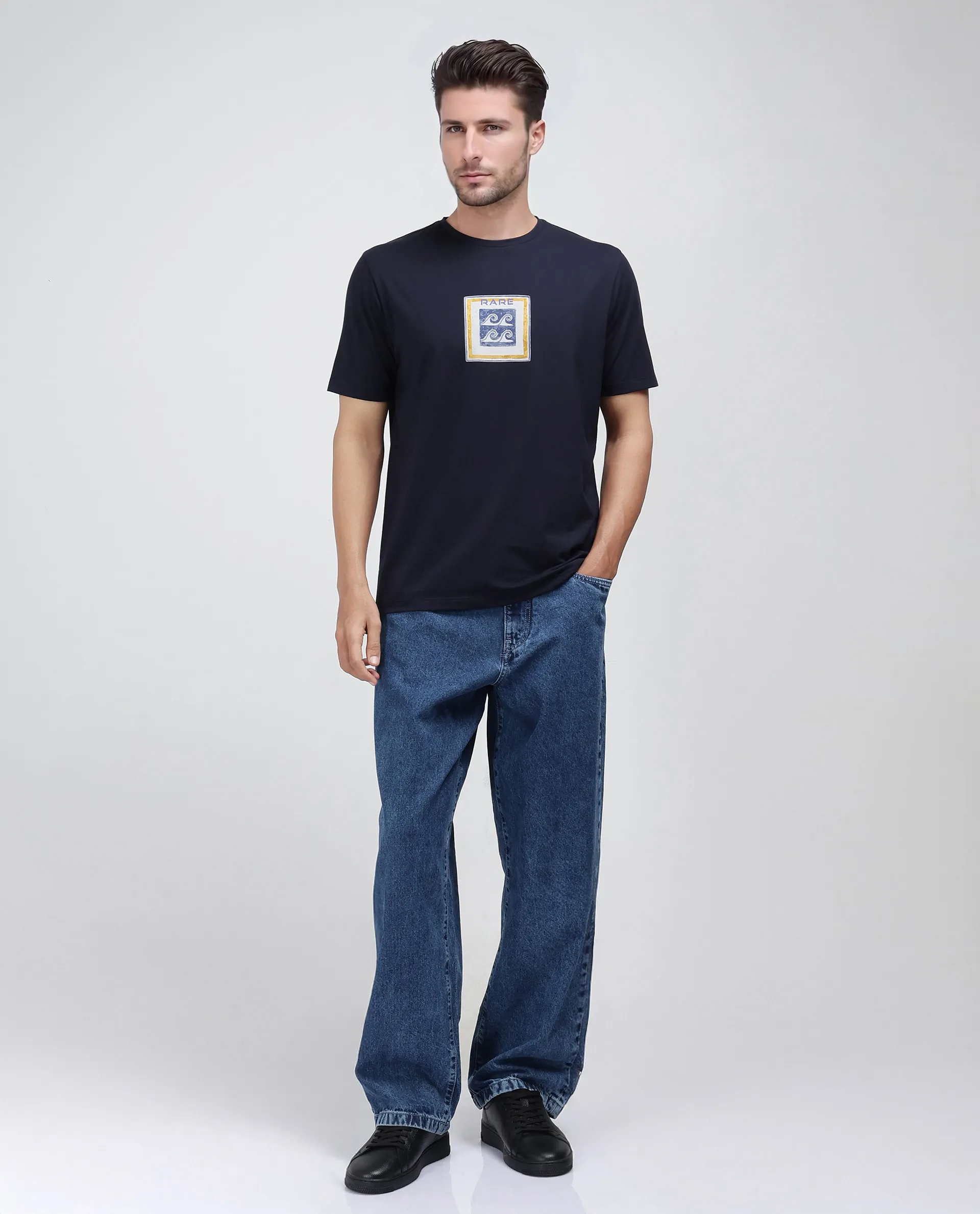 Rare Rabbit Men's Rek Navy Cotton Blend Graphic Print Regular Fit Half Sleeve Crew Neck T-Shirt - Image 2