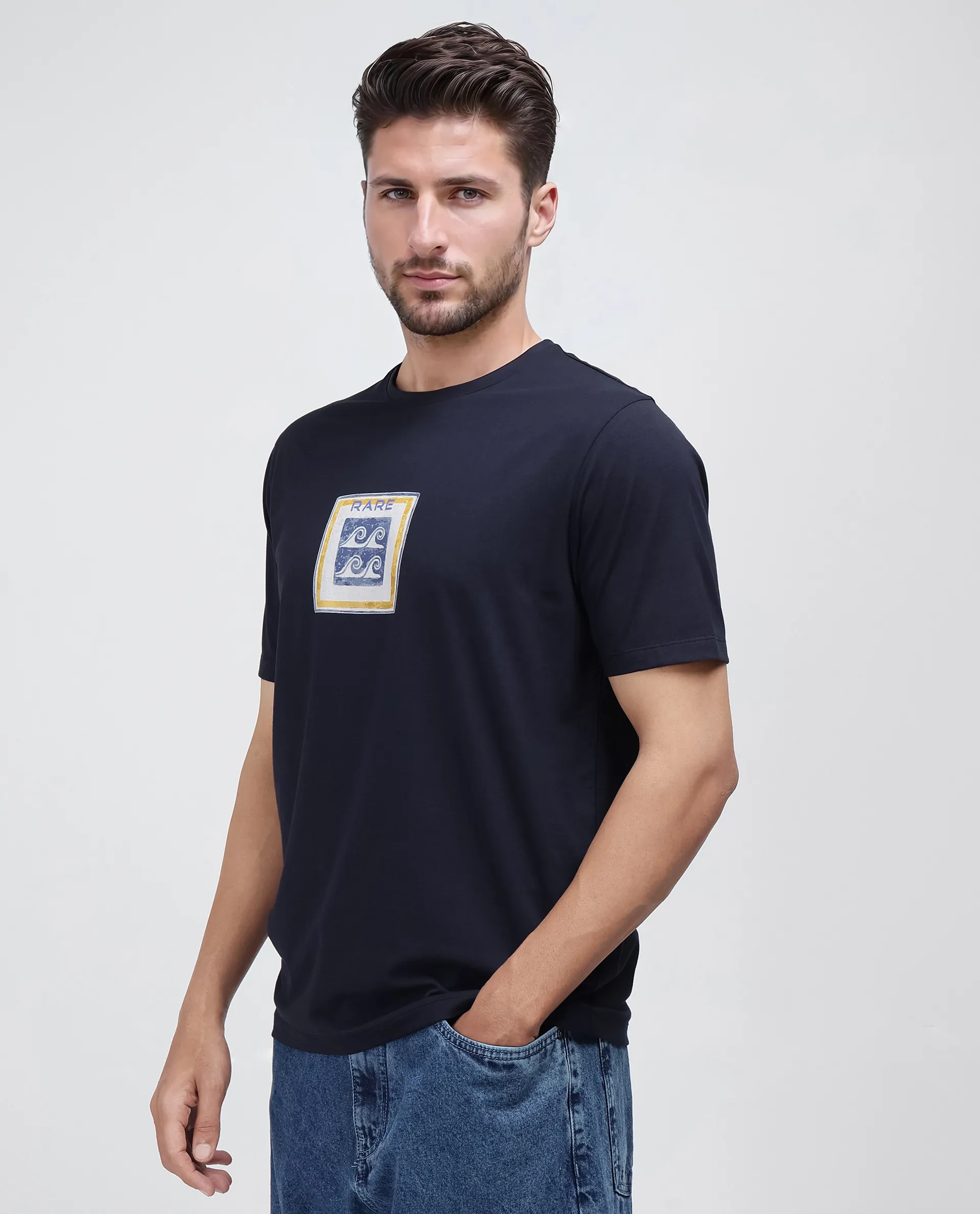 Rare Rabbit Men's Rek Navy Cotton Blend Graphic Print Regular Fit Half Sleeve Crew Neck T-Shirt - Image 5