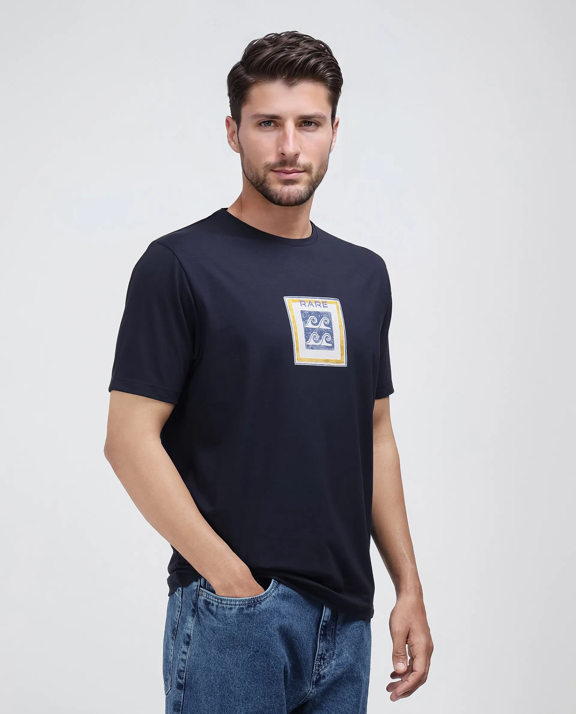 Rare Rabbit Men's Rek Navy Cotton Blend Graphic Print Regular Fit Half Sleeve Crew Neck T-Shirt - Image 6