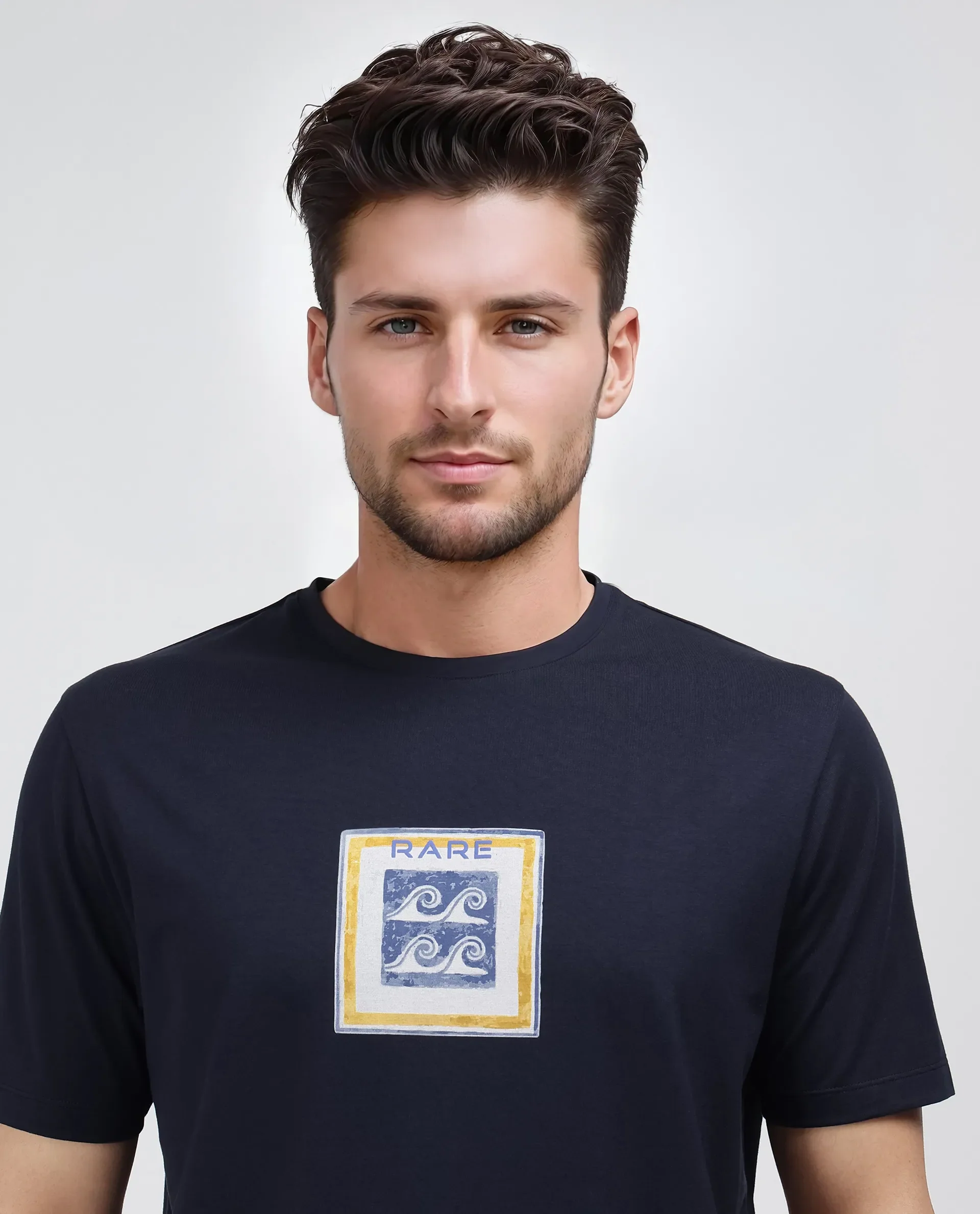Rare Rabbit Men's Rek Navy Cotton Blend Graphic Print Regular Fit Half Sleeve Crew Neck T-Shirt - Image 7