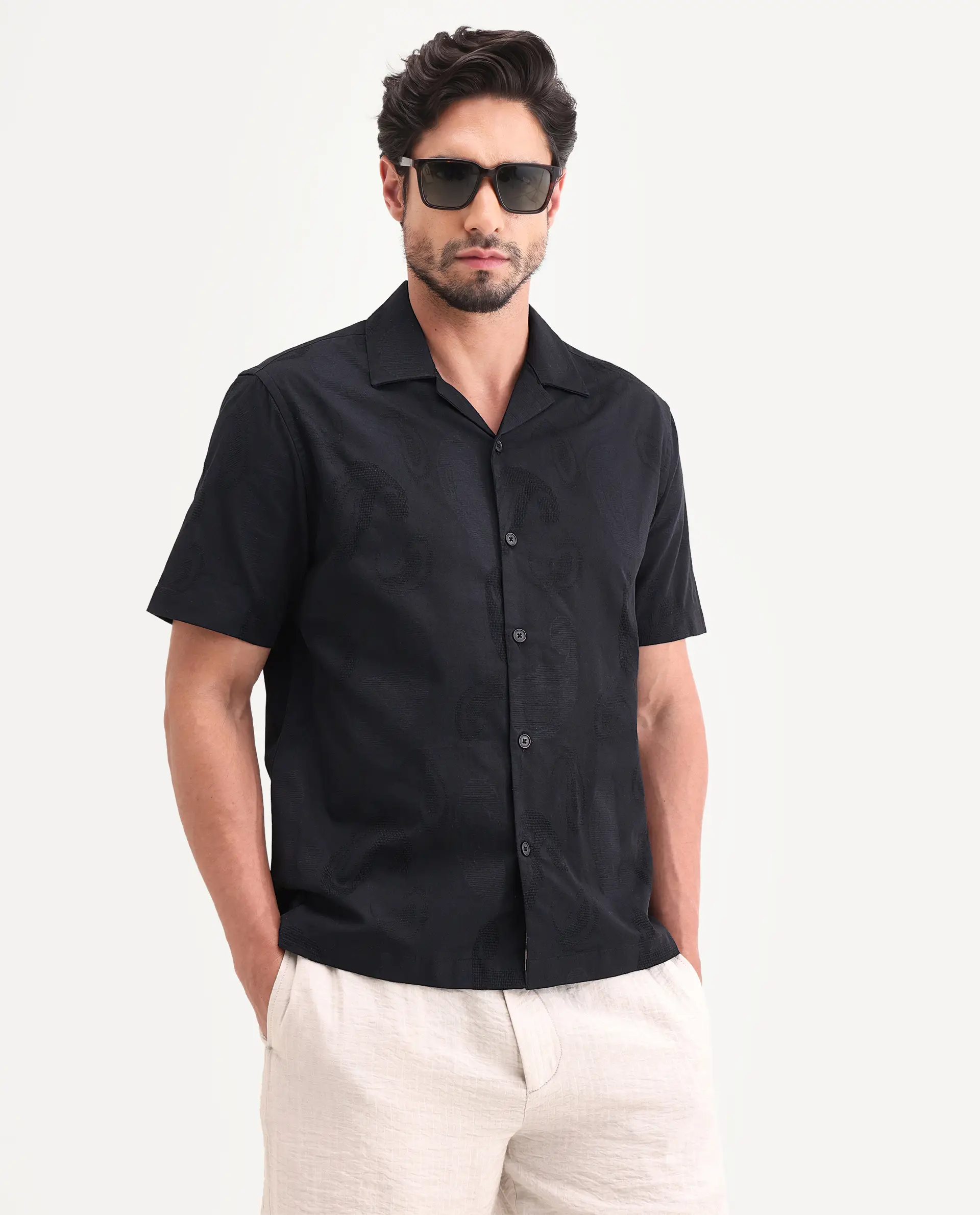 Rare Rabbit Men's Reke Black Cotton Half Sleeve Cuban Collar Regular Fit Jacquard Shirt