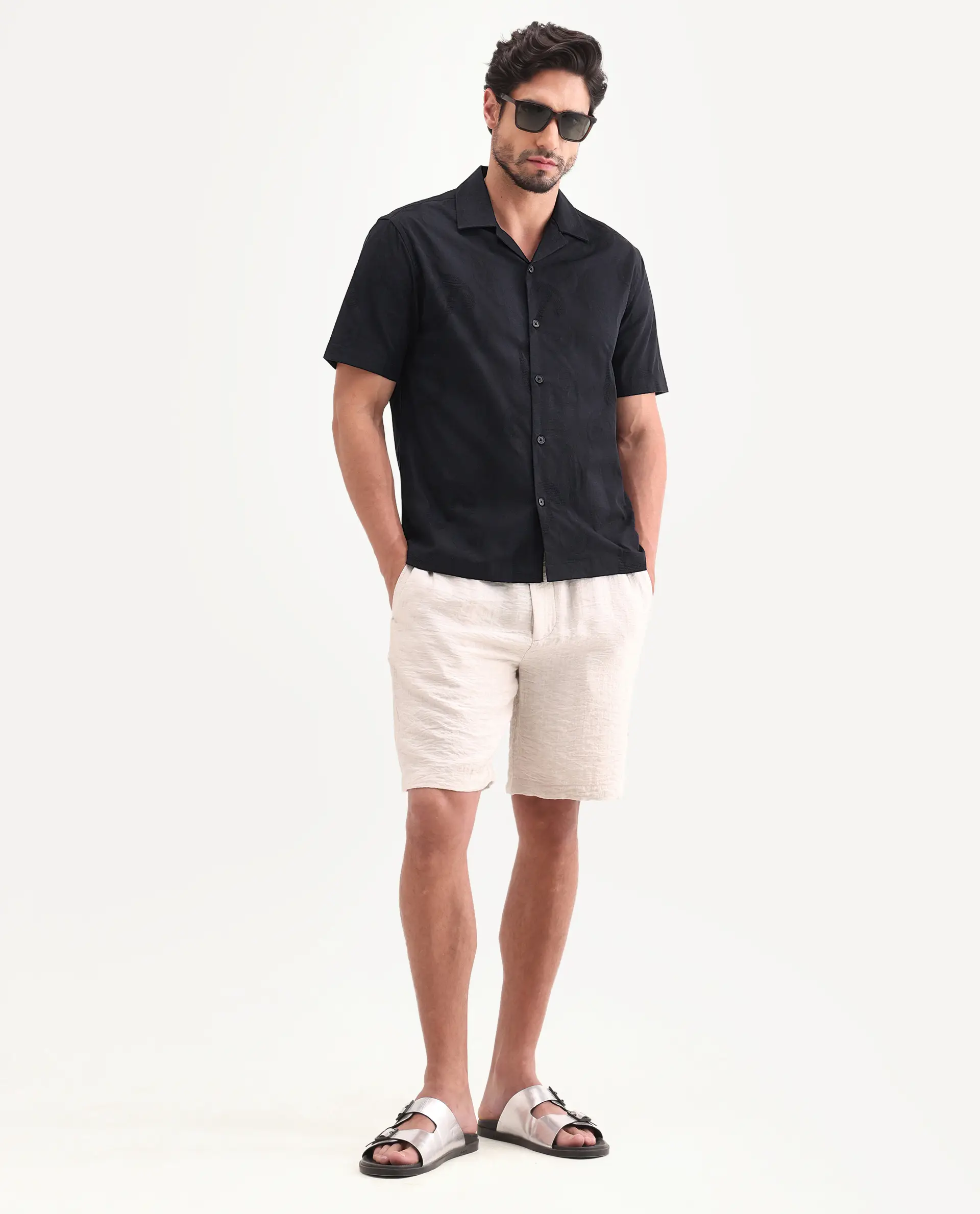 Rare Rabbit Men's Reke Black Cotton Half Sleeve Cuban Collar Regular Fit Jacquard Shirt - Image 2