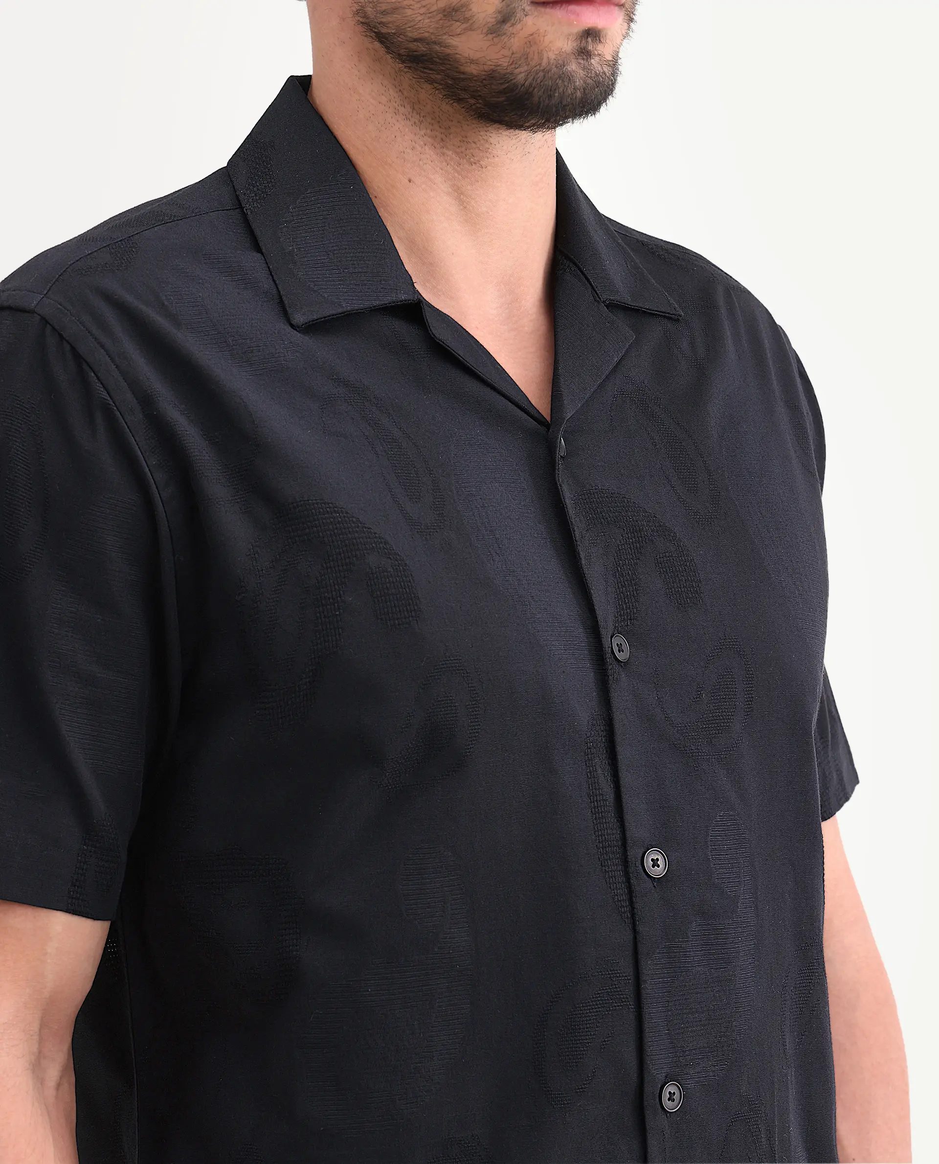 Rare Rabbit Men's Reke Black Cotton Half Sleeve Cuban Collar Regular Fit Jacquard Shirt - Image 3