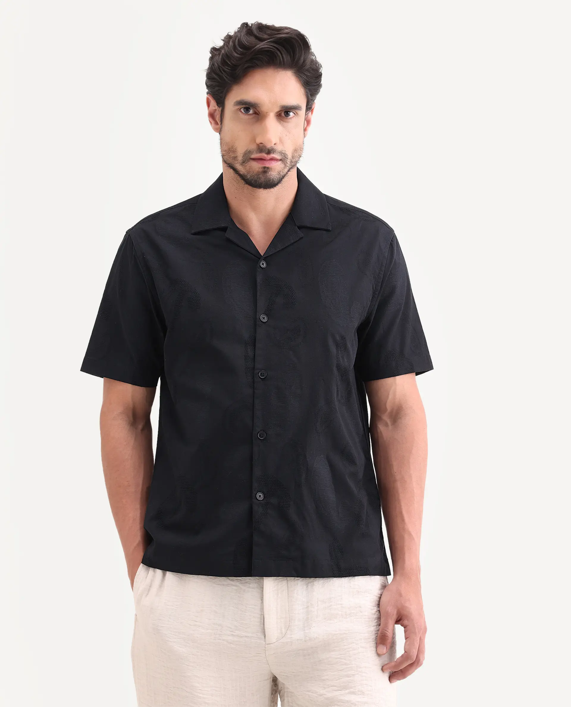 Rare Rabbit Men's Reke Black Cotton Half Sleeve Cuban Collar Regular Fit Jacquard Shirt - Image 4