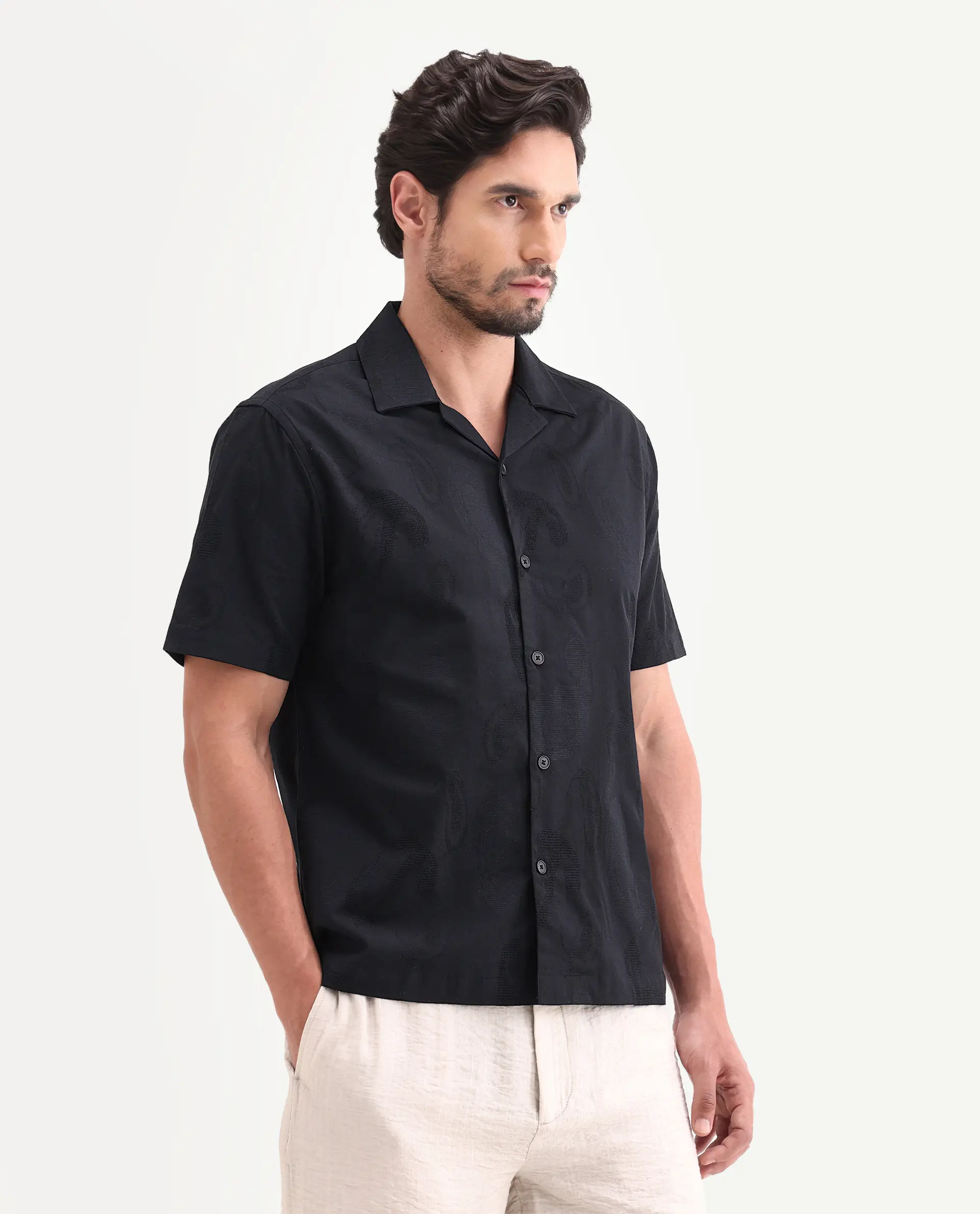 Rare Rabbit Men's Reke Black Cotton Half Sleeve Cuban Collar Regular Fit Jacquard Shirt - Image 5