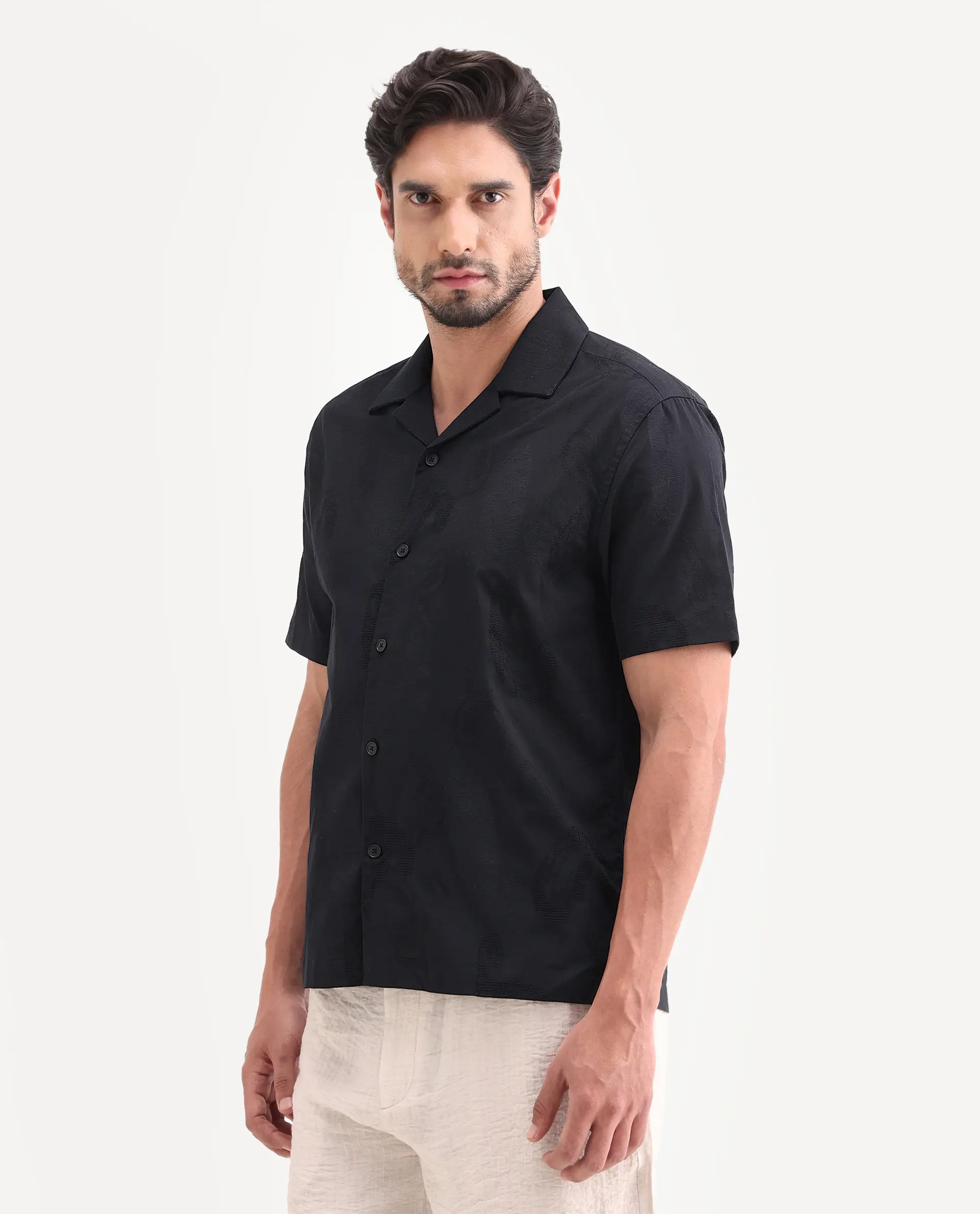 Rare Rabbit Men's Reke Black Cotton Half Sleeve Cuban Collar Regular Fit Jacquard Shirt - Image 6