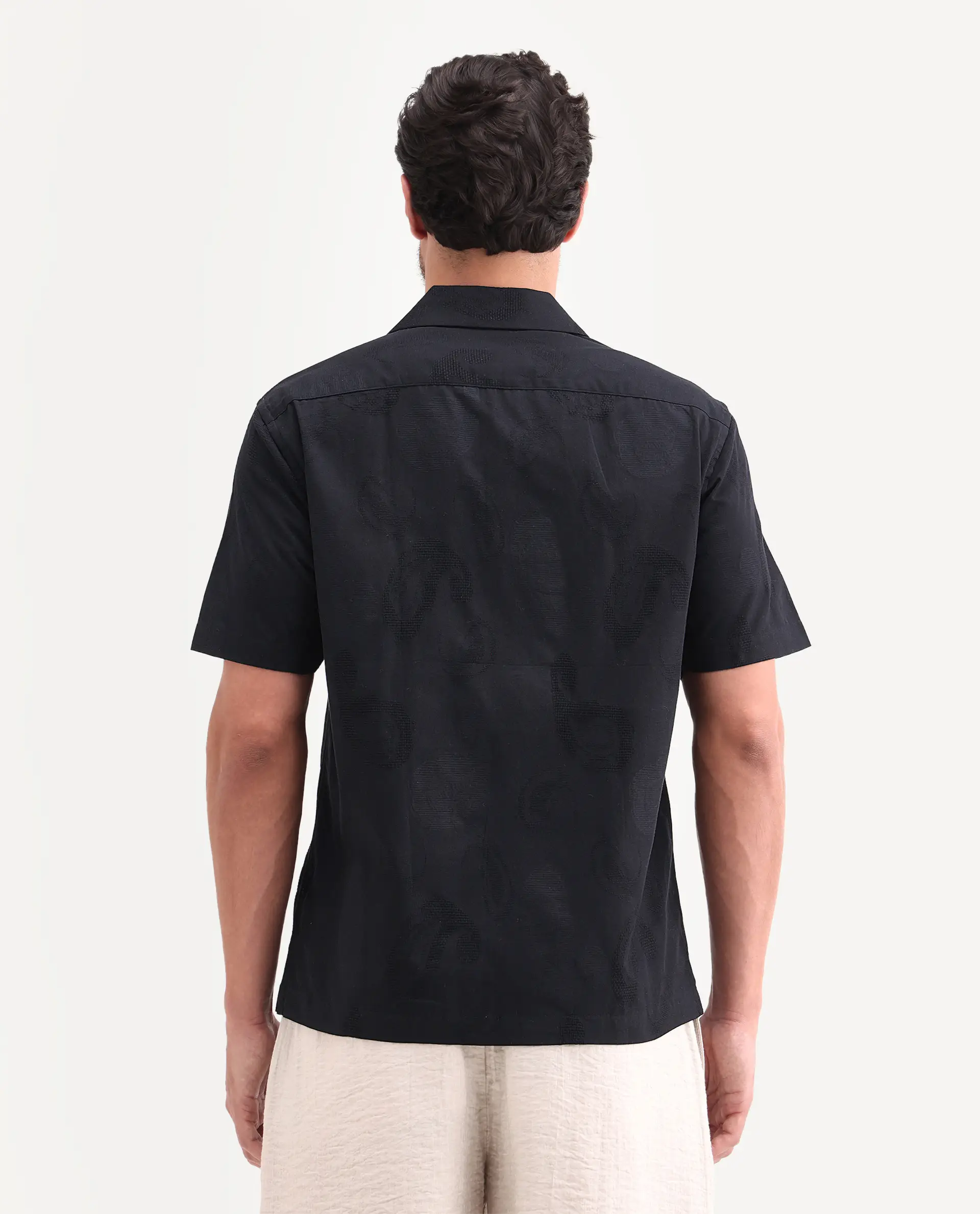 Rare Rabbit Men's Reke Black Cotton Half Sleeve Cuban Collar Regular Fit Jacquard Shirt - Image 7