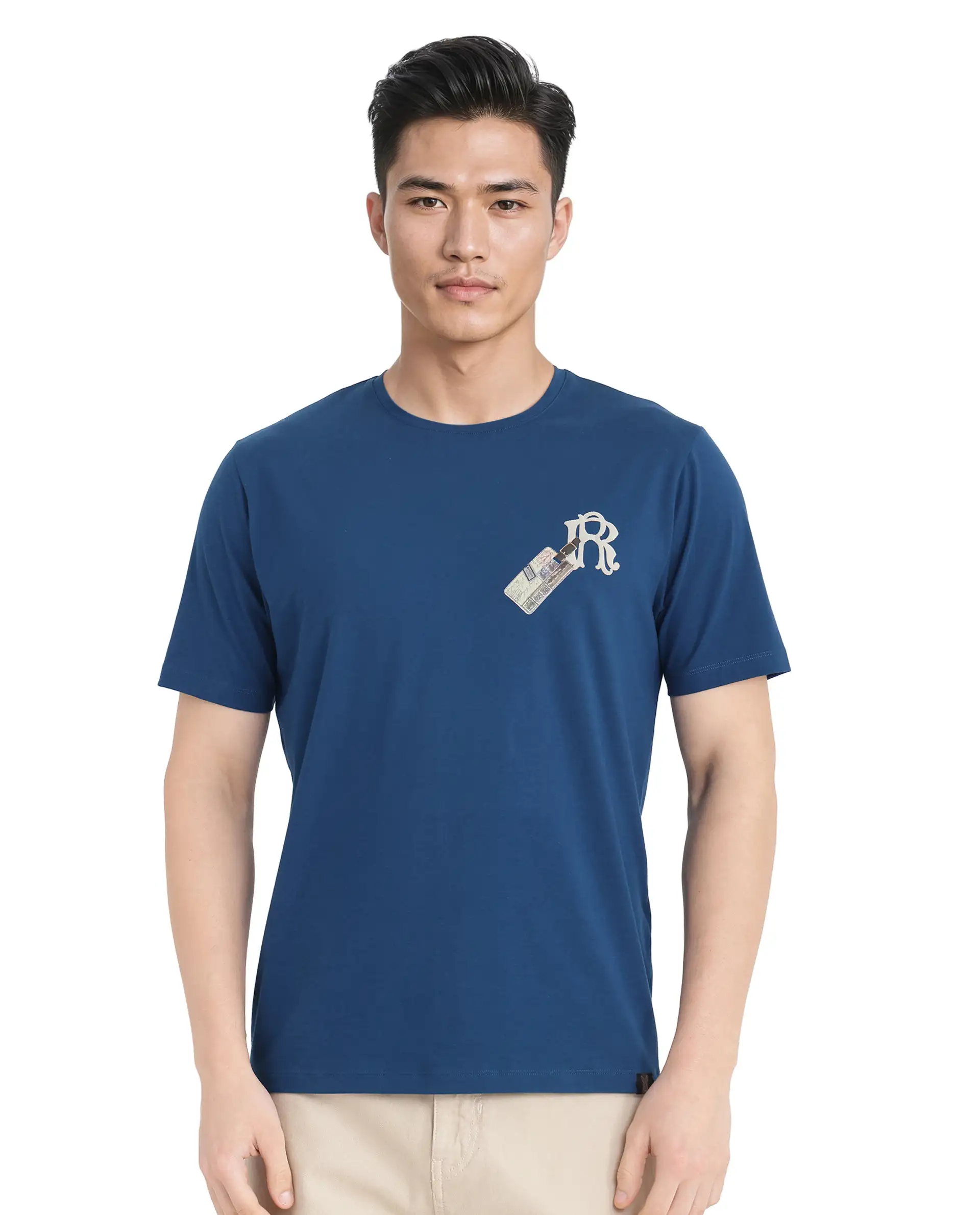 Rare Rabbit Men's Reko Teal Cotton Blend Graphic Print Regular Fit Half Sleeve Crew Neck T-Shirt - Image 4