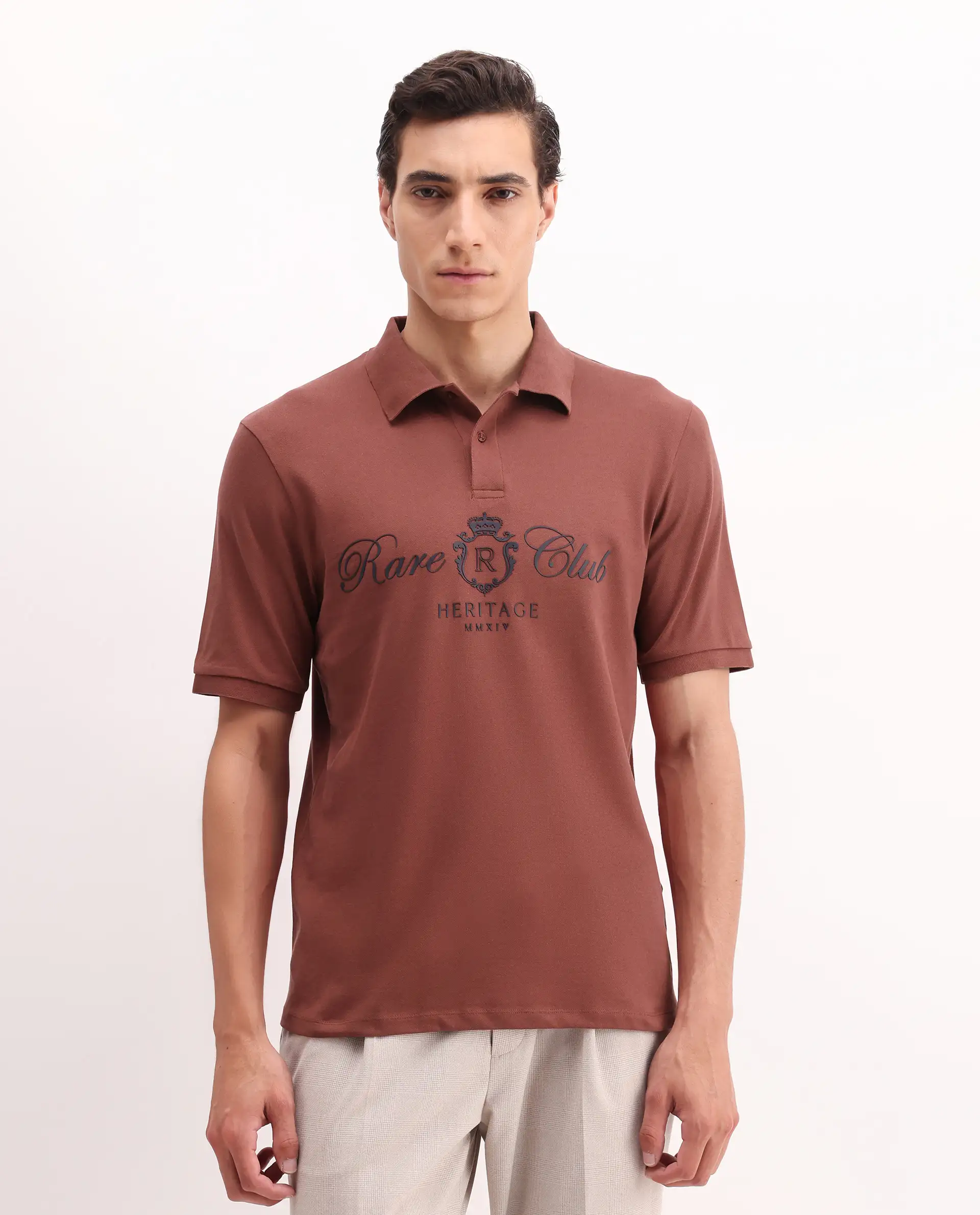 Rare Rabbit Men's Rem Dark Rust Cotton Plain Regular Fit Half Sleeve Polo - Image 4