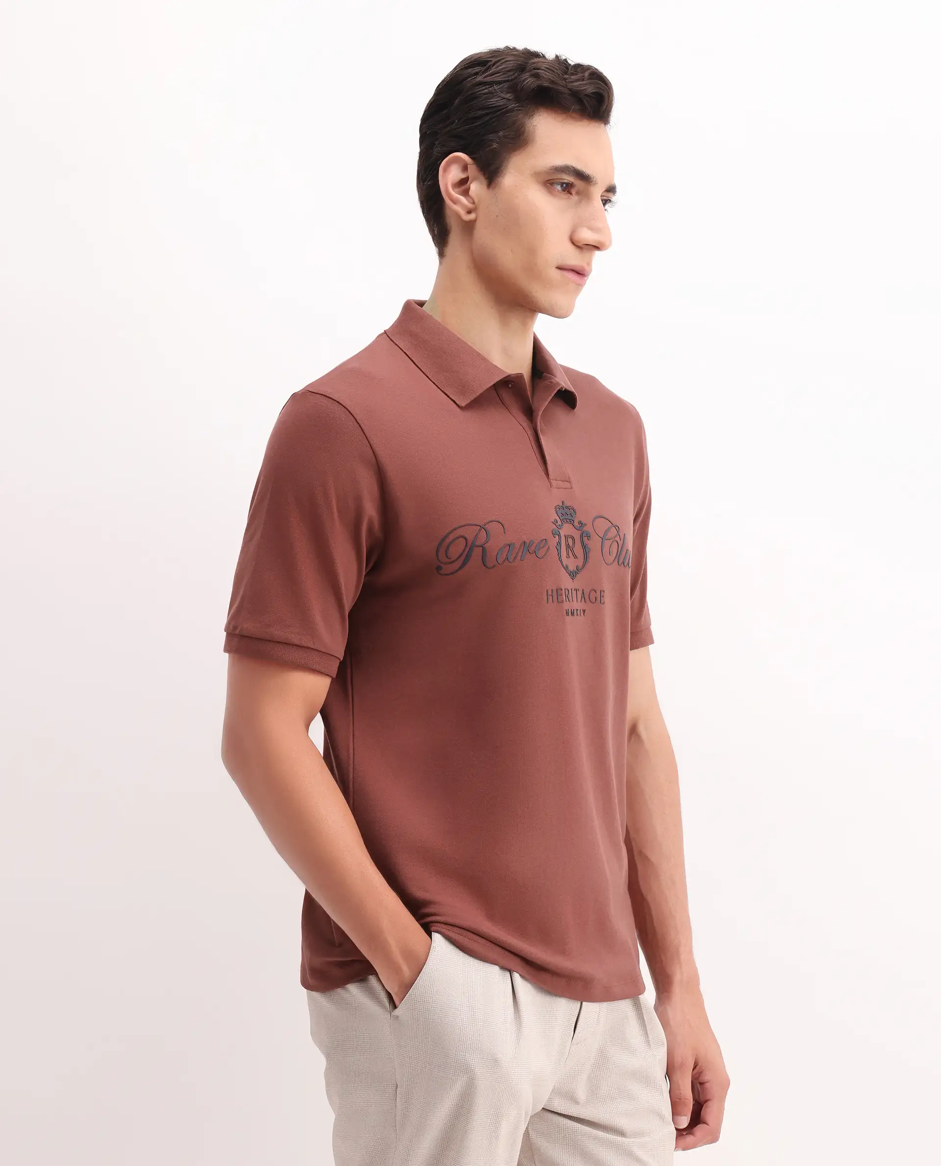 Rare Rabbit Men's Rem Dark Rust Cotton Plain Regular Fit Half Sleeve Polo - Image 5