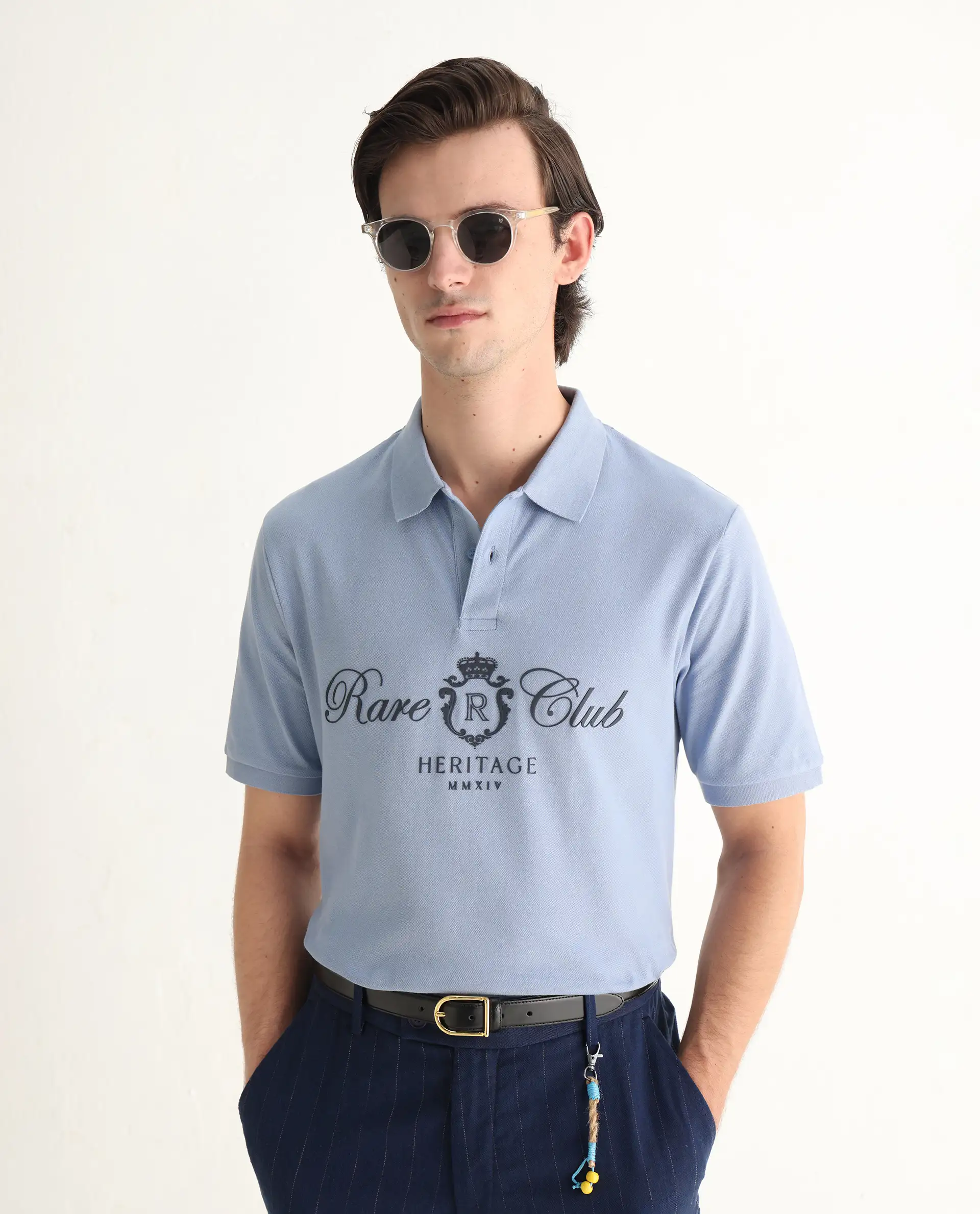 Rare Rabbit Men's Rem Light Blue Cotton Graphic Print Regular Fit Half Sleeve Polo