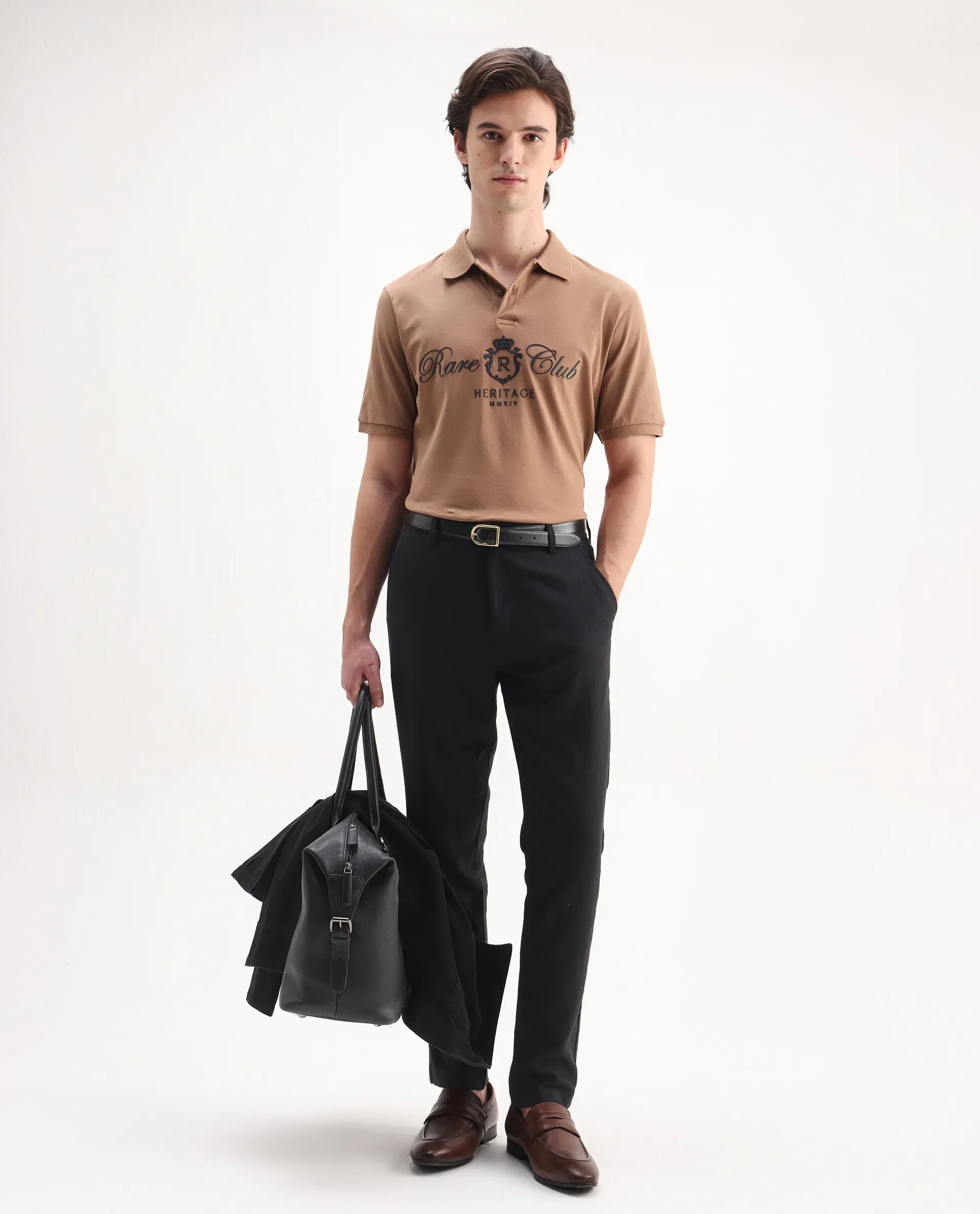 Rare Rabbit Men's Rem Light Brown Cotton Graphic Print Regular Fit Half Sleeve Polo - Image 2