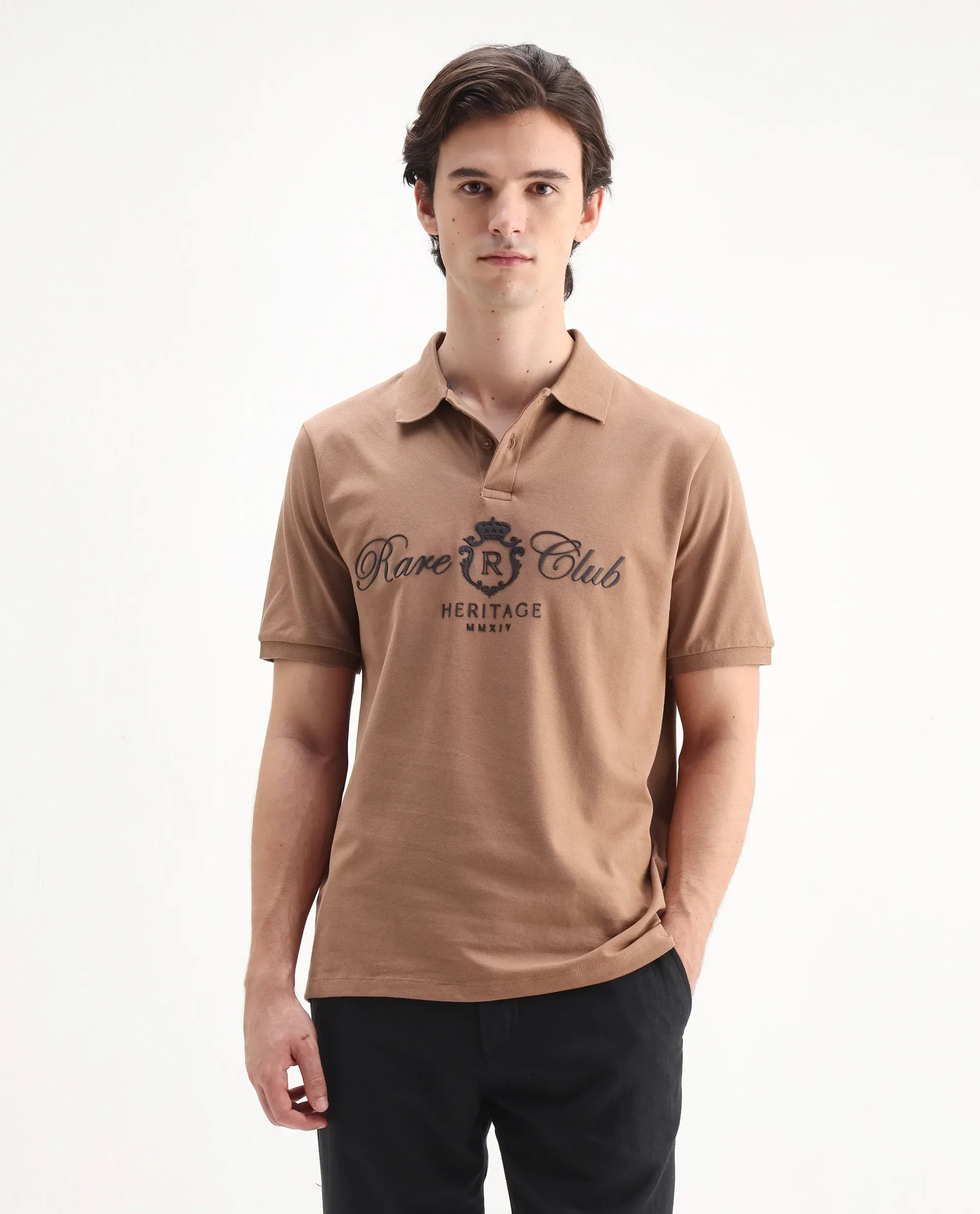 Rare Rabbit Men's Rem Light Brown Cotton Graphic Print Regular Fit Half Sleeve Polo - Image 4