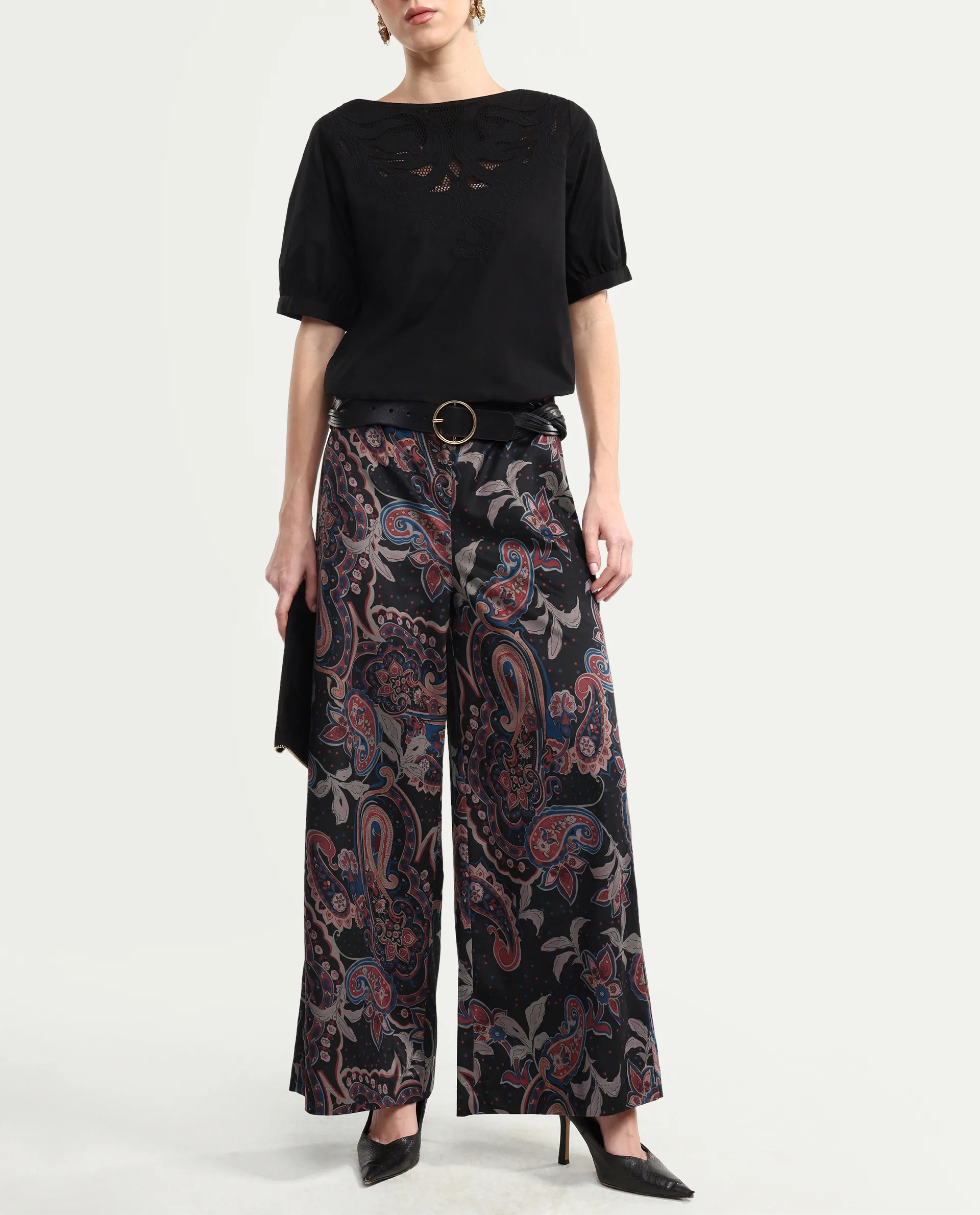 Rareism Women's Remen B Dark Multi Velvet Paisley Print Ankle Length Flared Trouser - Image 2